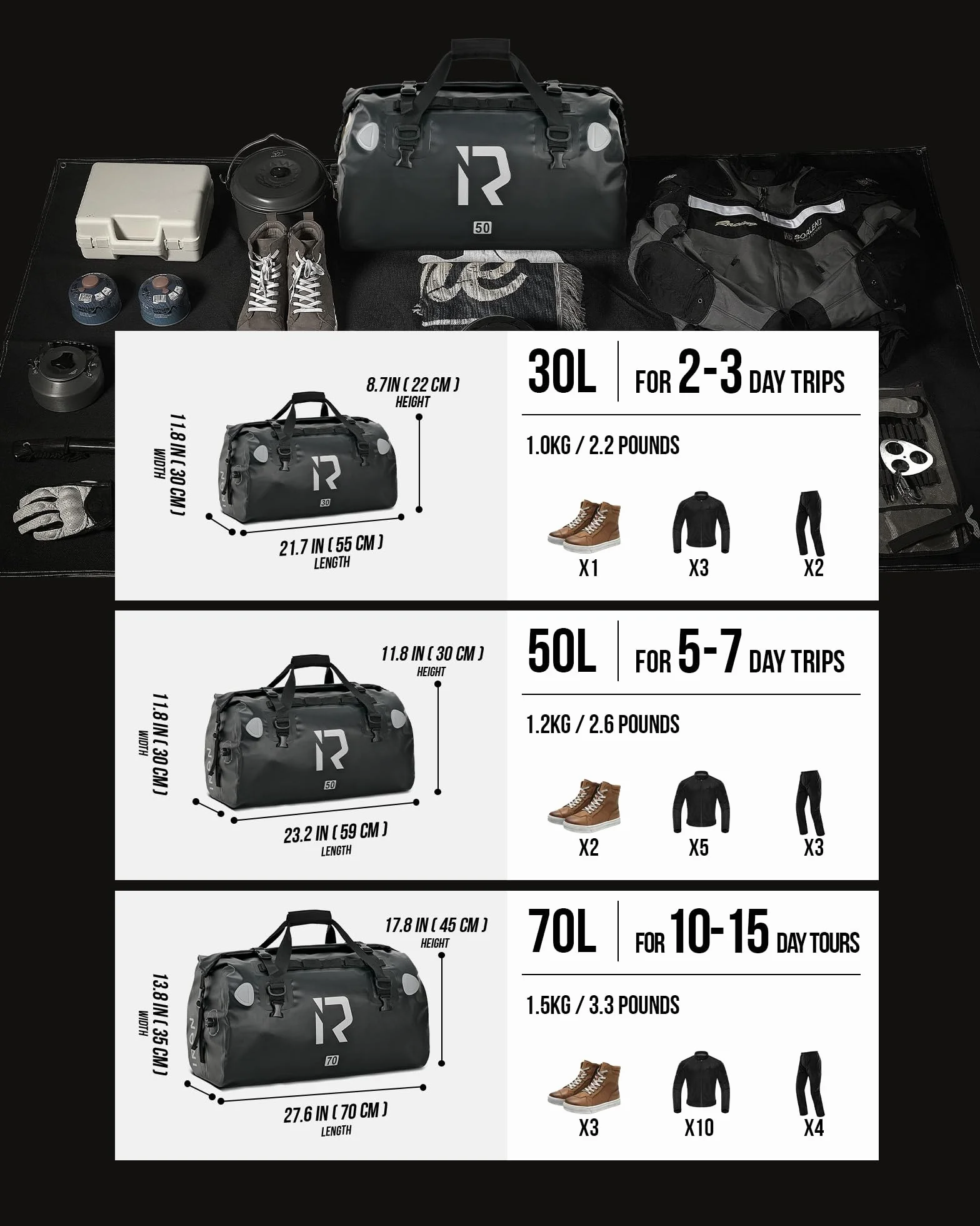 Borsa impermeabile per moto 30 L nero con chiusura arrotolabile