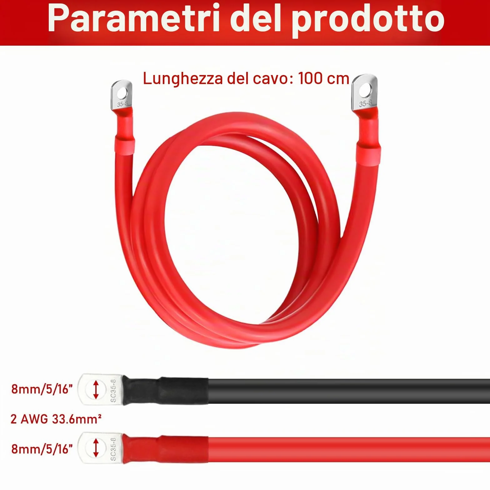 Cavi batteria 35mm²/2AWG, 2 pezzi di cavo in rame privo di ossigeno Rosso Nero, 100cm Cavo batteria 12v, Cavi batteria 35mm² con morsetti ad anello M8, Cavi batteria 12v per auto, moto, solare, camper