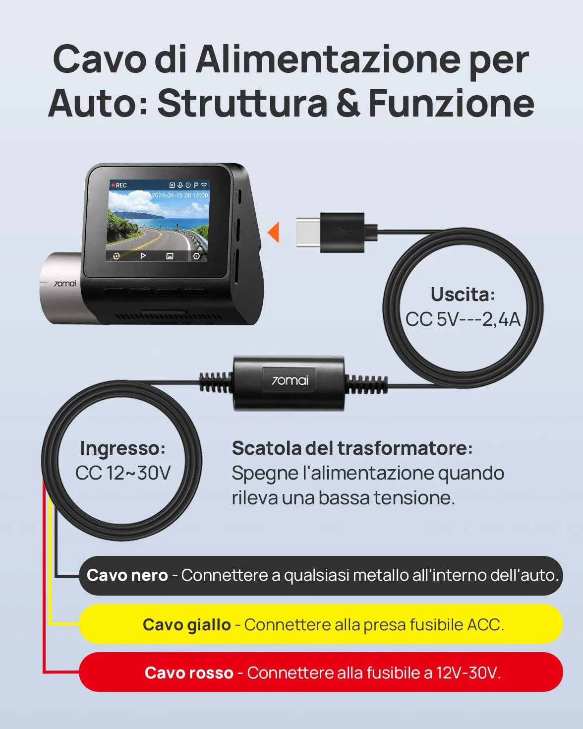 70mai UP03 Hardwire Kit USB-C 12V-30V a 5V/2.4A per Dash Cam Auto 4K Omni (X800), T800, T800E, A810, A800SE, A510, A410 e M310