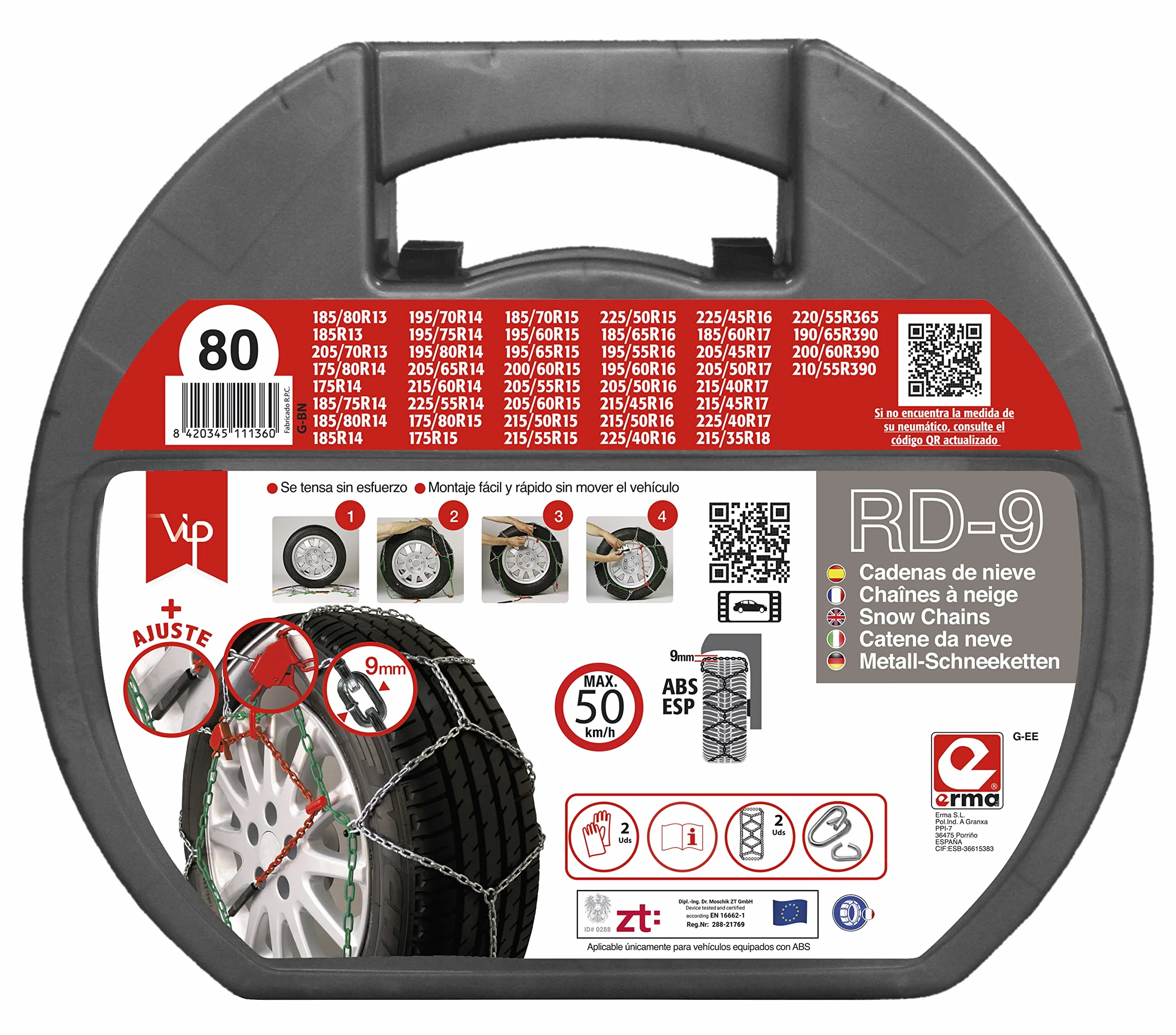 Catene da neve in metallo RD9 mm misura 80 set 2 pezzi con guanti