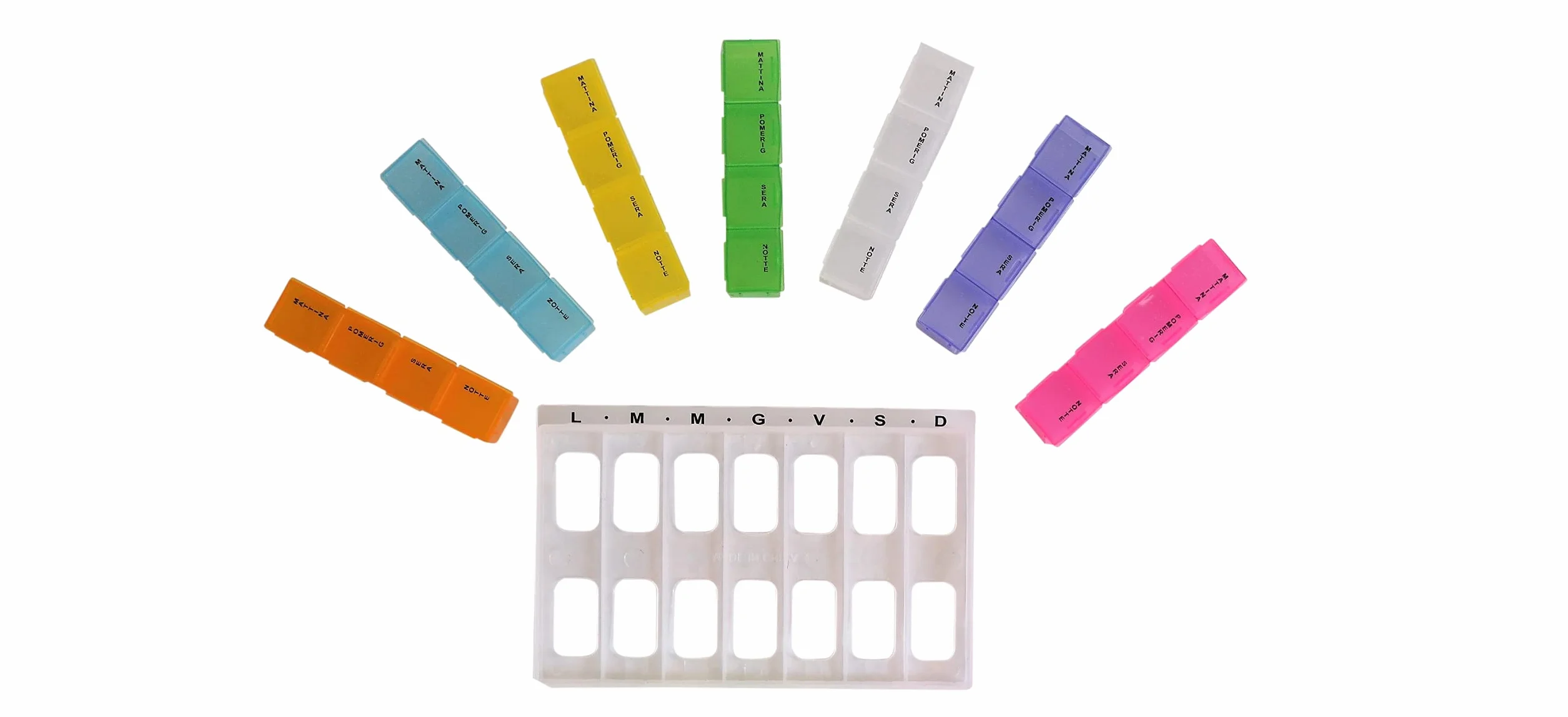 Porta Pillole Settimanale 28 Scomparti 4 Pack, Contenitore per Pillole con 7 Giorni Mattino Pomeriggio Sera Notte