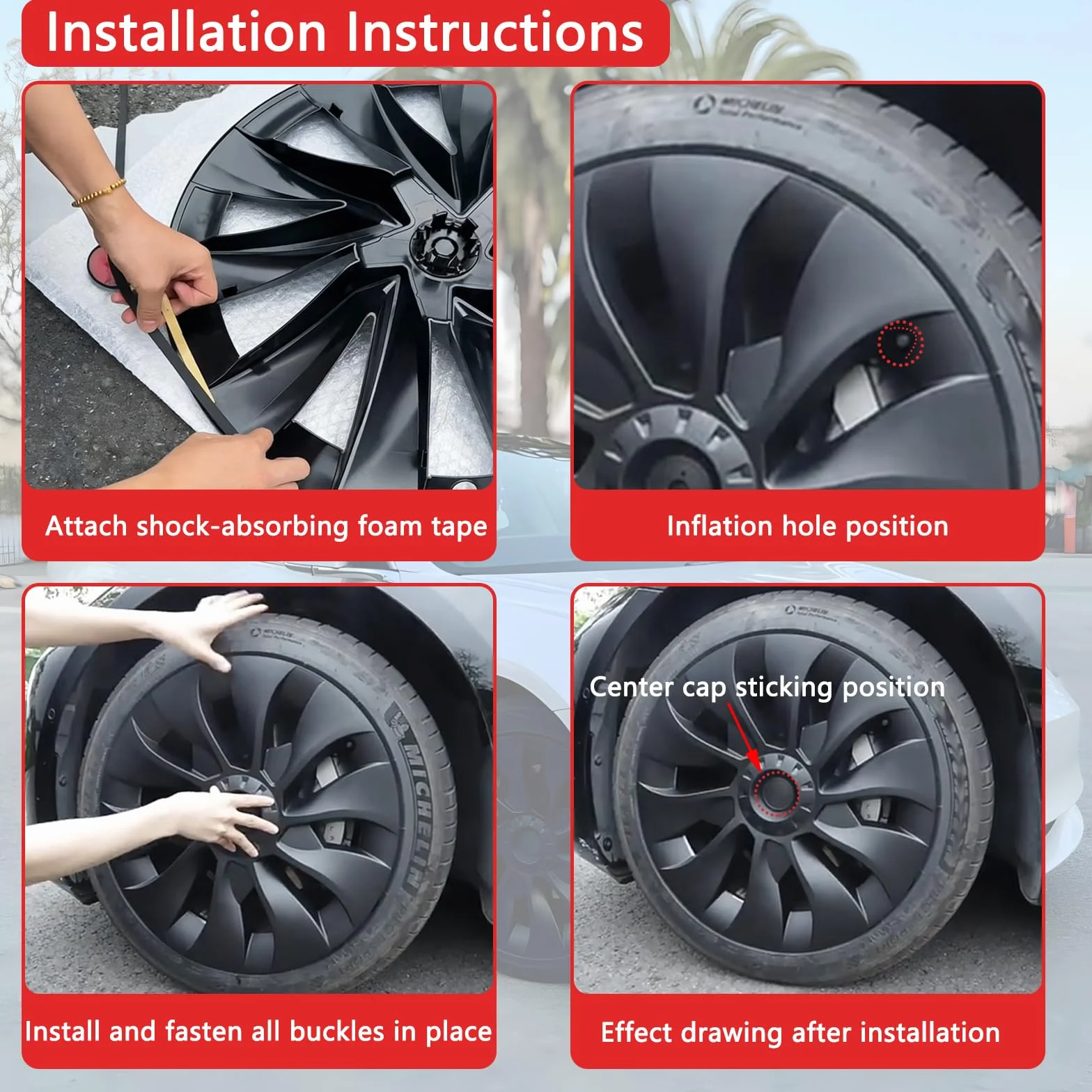 KAVANIC Tesla Model 3 Copriruota 18 Pollici Nero Opaco Supporto Logo Miglioramento Gamma 4 Pezzi Uberturbine Stile 2017-2023
