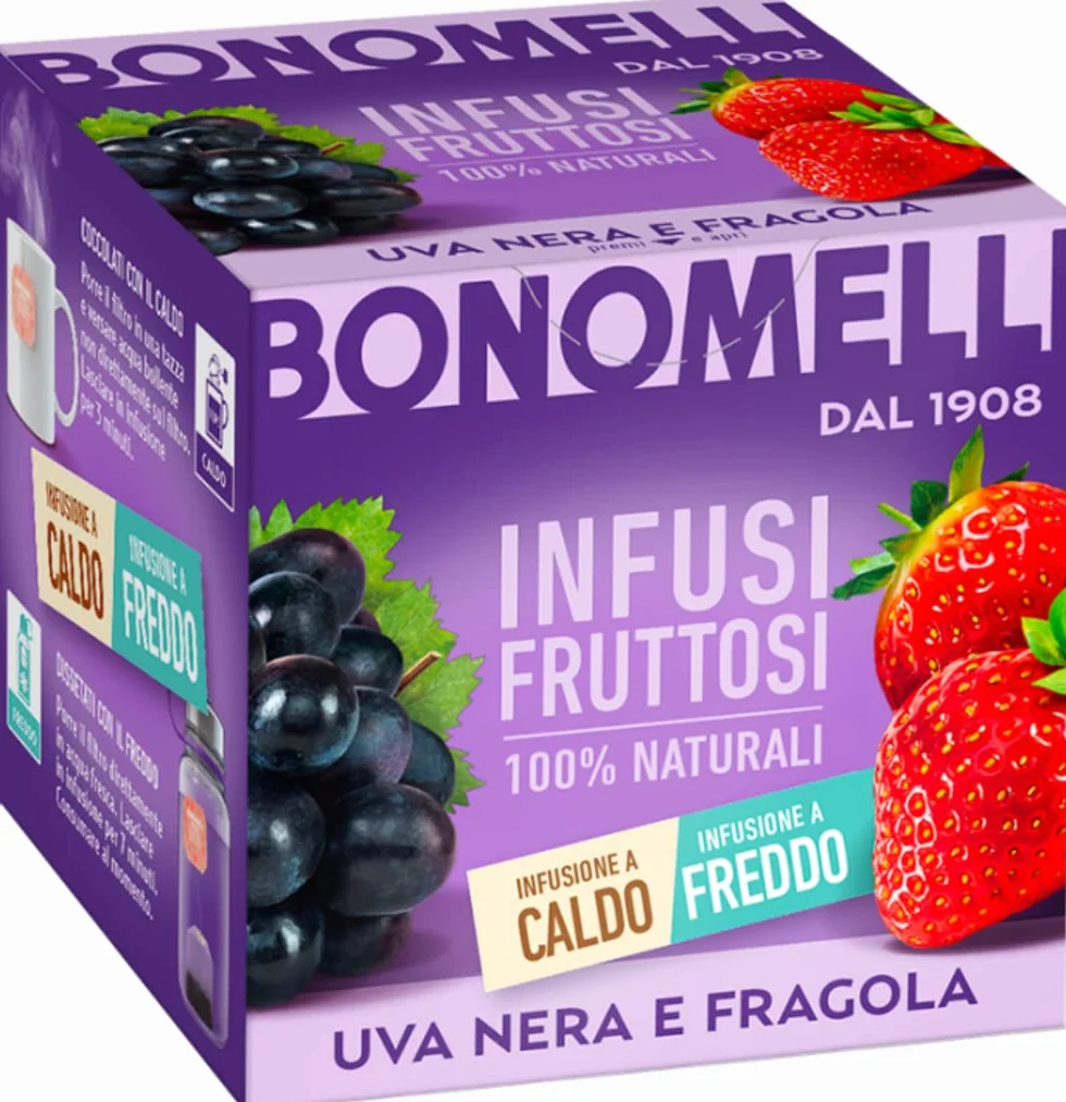 Bonomelli Infusi Fruttosi Uva Nera e Fragola, Confezione da 12 Filtri, 100% Naturali (24g)