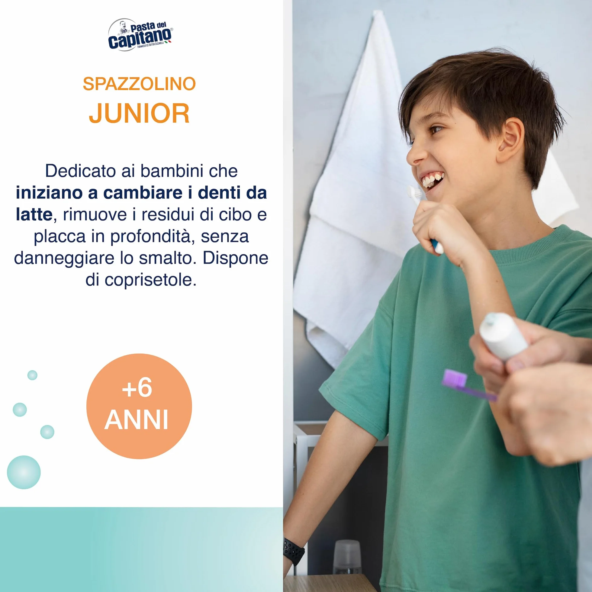 Pasta del Capitano Spazzolino Junior Rimuove Placca Bambini 6+ Anni Pulisci-Lingua Made in Italy