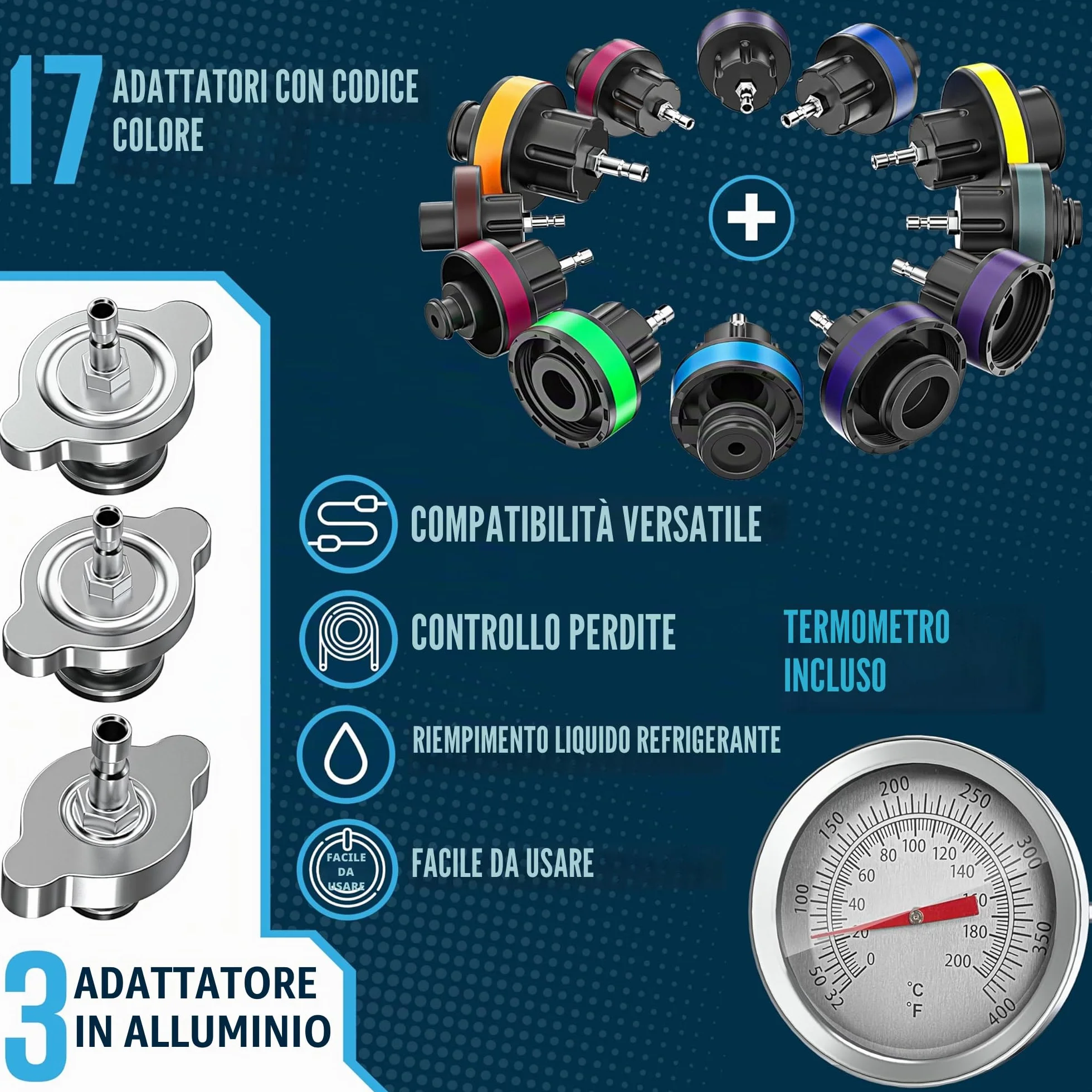 MASKO® Tester e dispositivo di spinta per sistema di raffreddamento | Controllore di pressione del radiatore, dispositivo di scarico del radiatore 28 pezzi incluso adattatore universale per radiatore