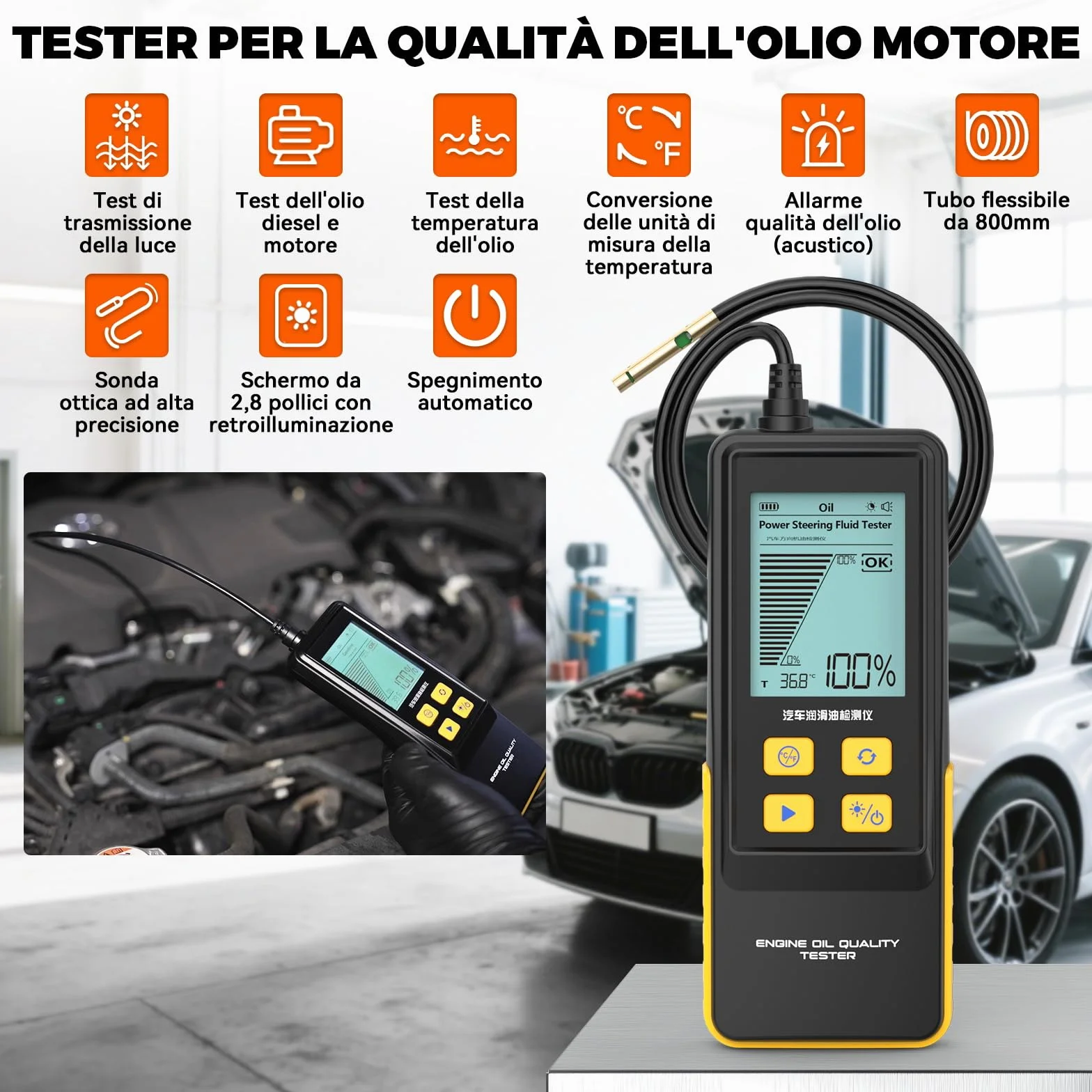 Tester per Olio Motore, Tester per la Qualità dell'olio Motore a Benzina e Diesel, con Sonda ad Alta Precisione, Rilevatore di Trasmittanza e Temperatura