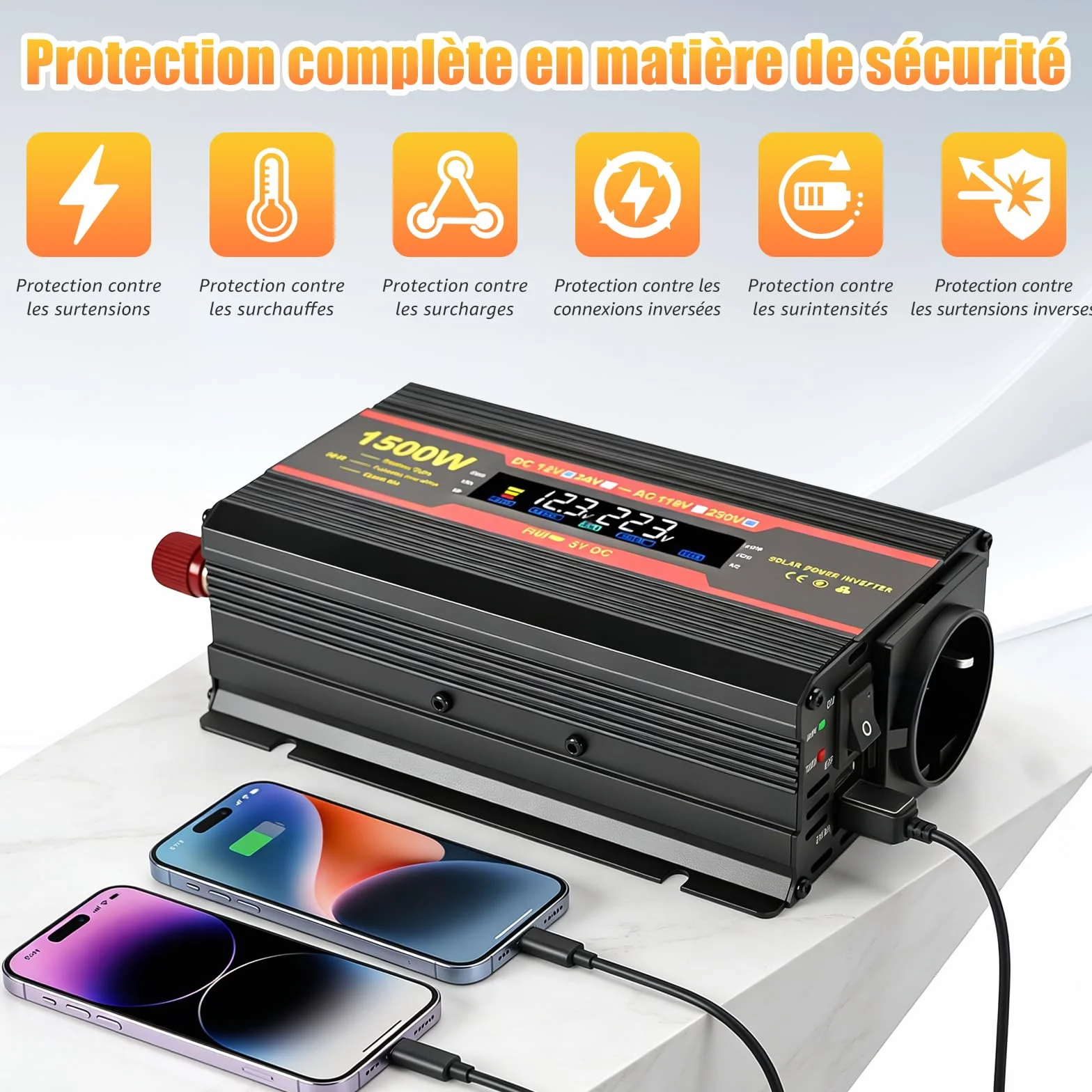 Inverter 1500 W 12 V 220 V Sinus puro Convertitore Auto Camper Camion 2 x USB
