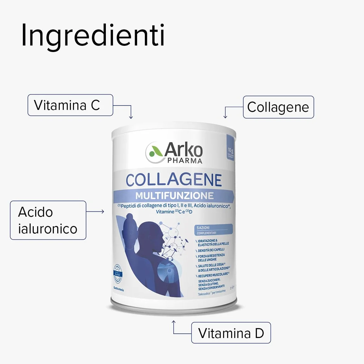 Arkopharma Collagene Multifunzione Integratore Alimentare Polvere Peptidi Collagene I II III Acido Ialuronico Vitamine C D 260g