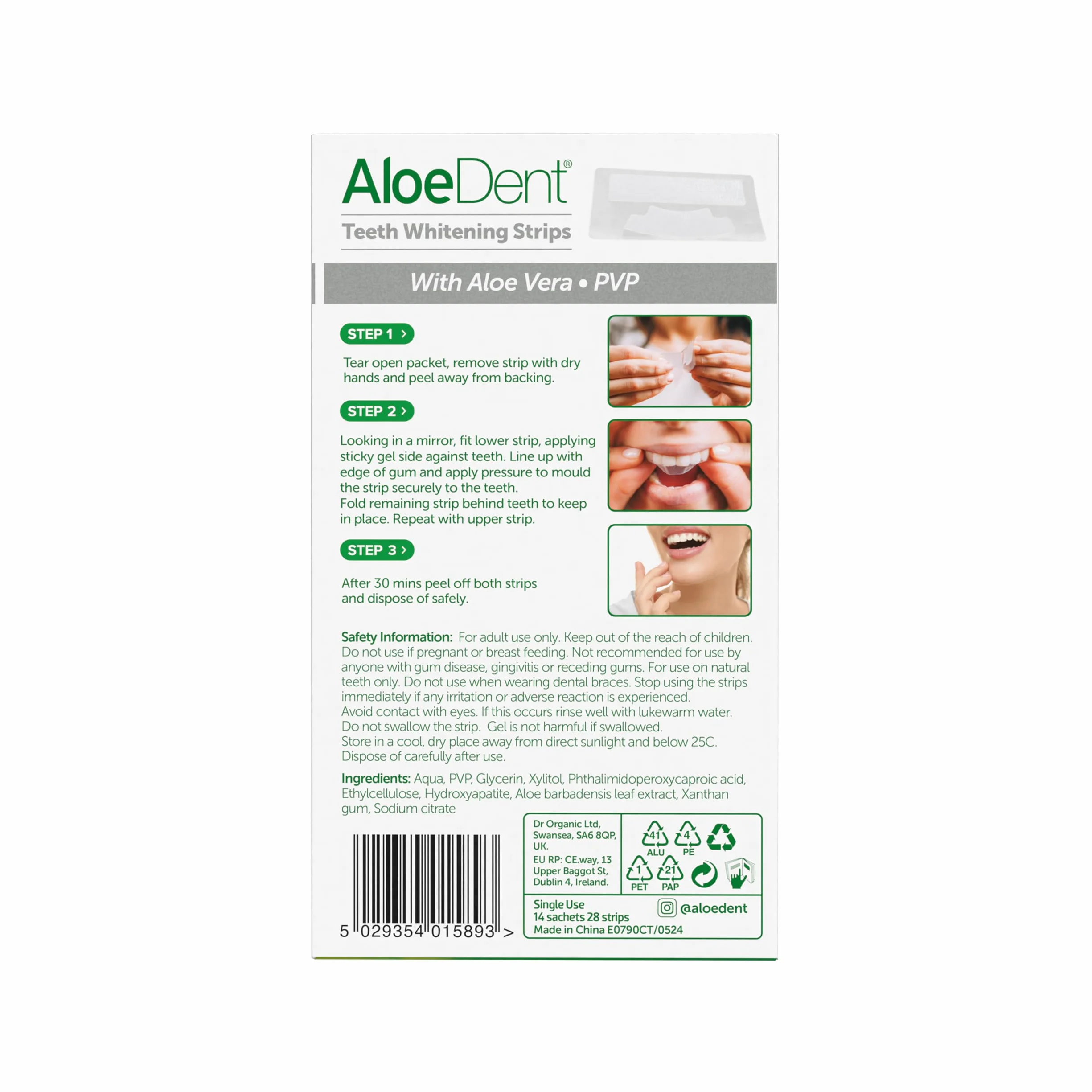 AloeDent Teeth Whitening Strips, Peroxide Free, Gentle Non Sensitive Formula, con Aloe Vera, Naturale, Vegan, 28 Strips, 14 Trattamenti