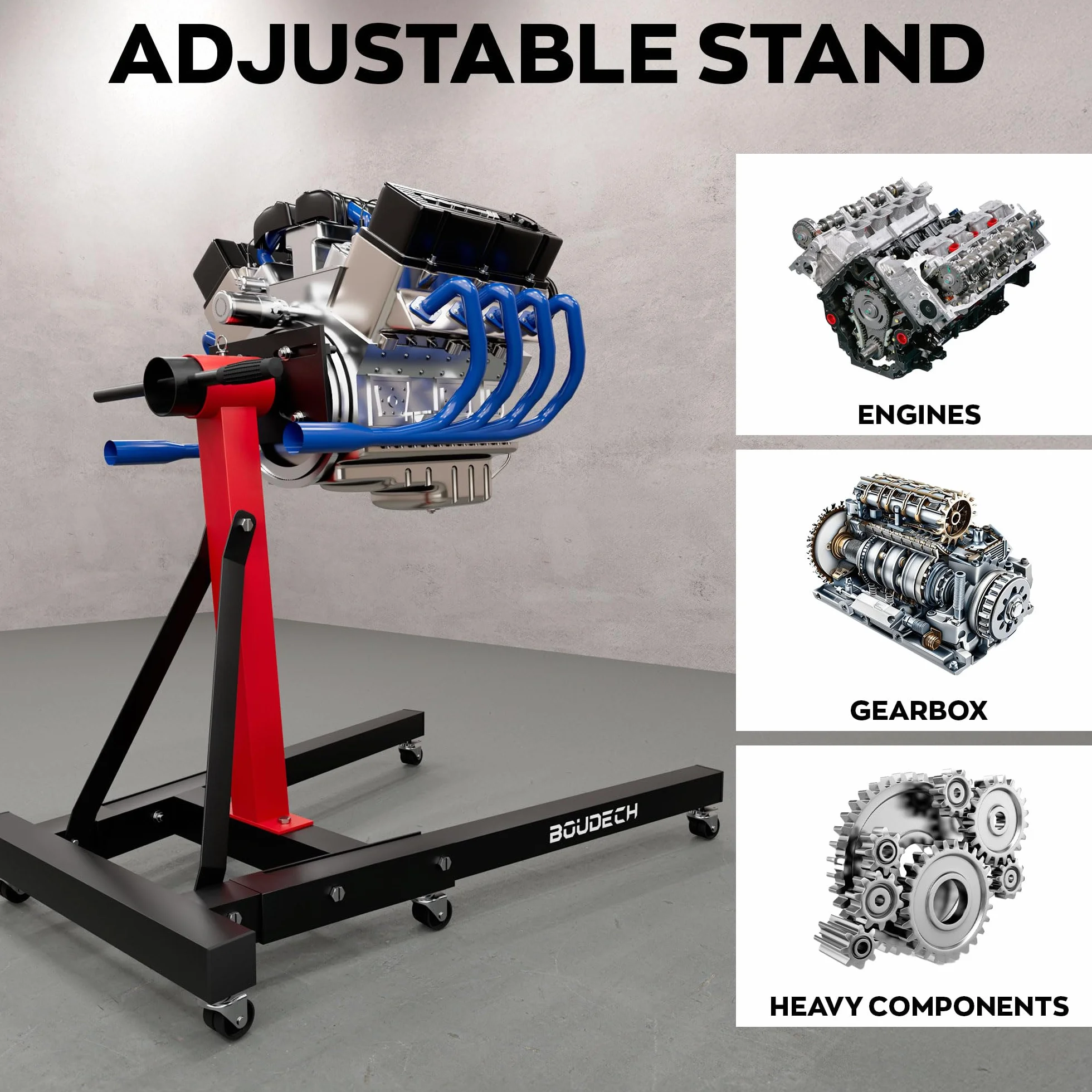 Keplero Cavalletto di Sostegno per Motore Max 900Kg in Acciaio Supporto con Bracci Girevoli 360° Nero