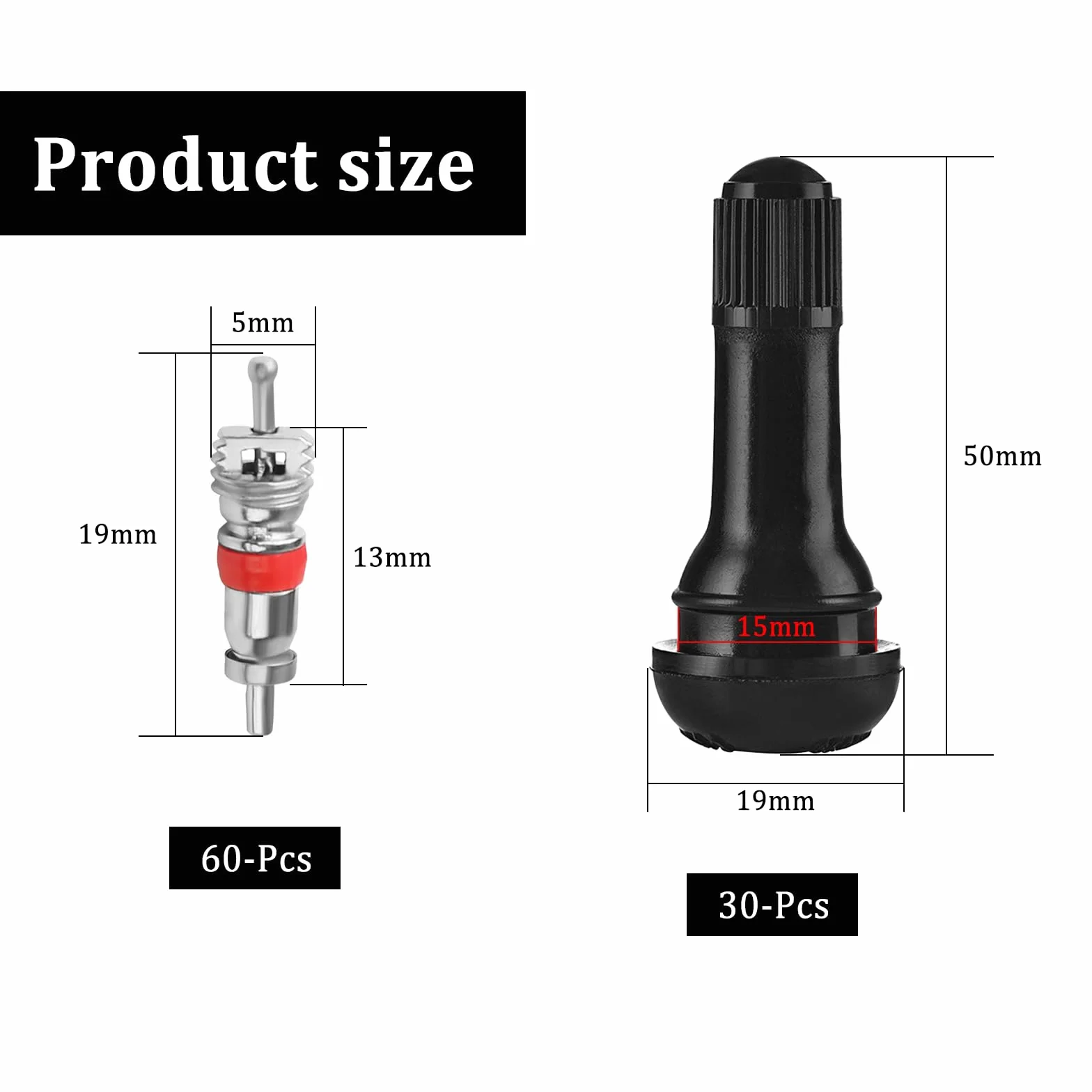 TR414 Valvole in Gomma Snap-in 30 Pezzi + 60 Pezzi Nuclei Valvola Auto Tubeless Valvola pneumatici Nero