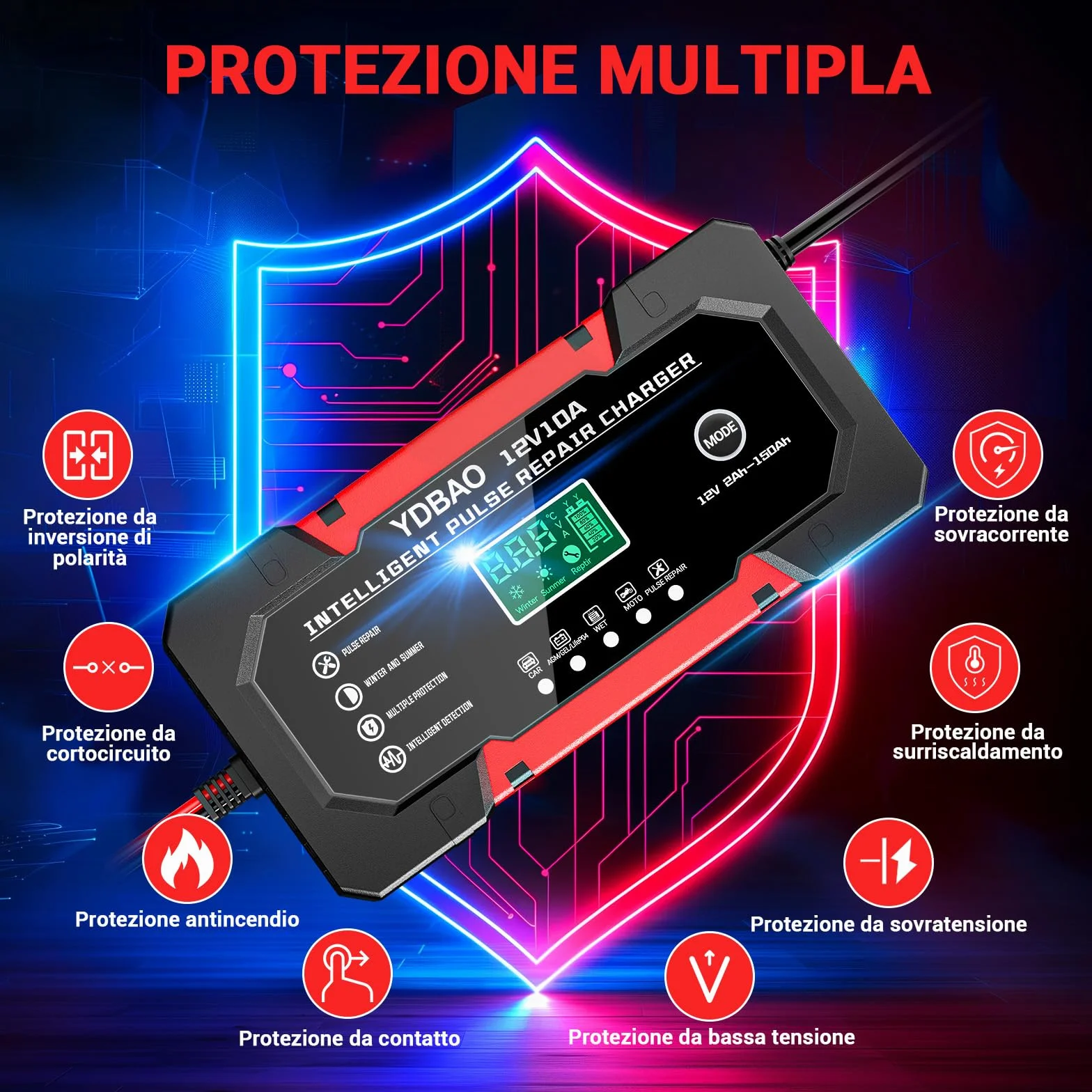 YDBAO Caricabatterie Auto 10A 12V Carica Batteria per Auto Moto Intelligente Multi Protezioni Riparazione di Moto Auto con Schermo LCD per AGM LiFePO4