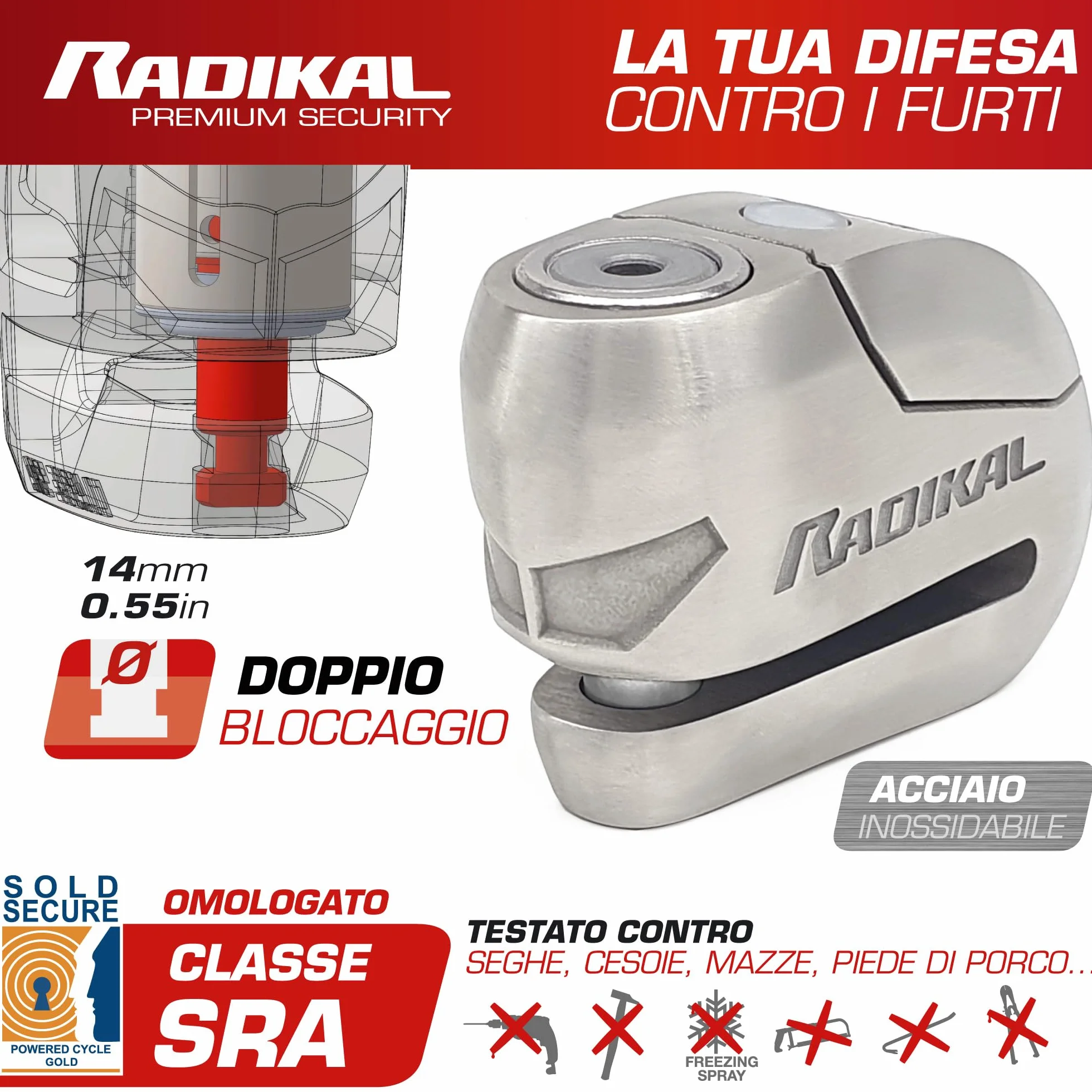 RADIKAL RK14S Antifurto Moto Blocca Disco Premium con Allarme | Attivazione a scelta, 120dB, Avviso LED, Warning Preallarme | Lucchetto Omologato SRA, Acciaio Inossidabile Doppio Bloccaggio ø14, Inox