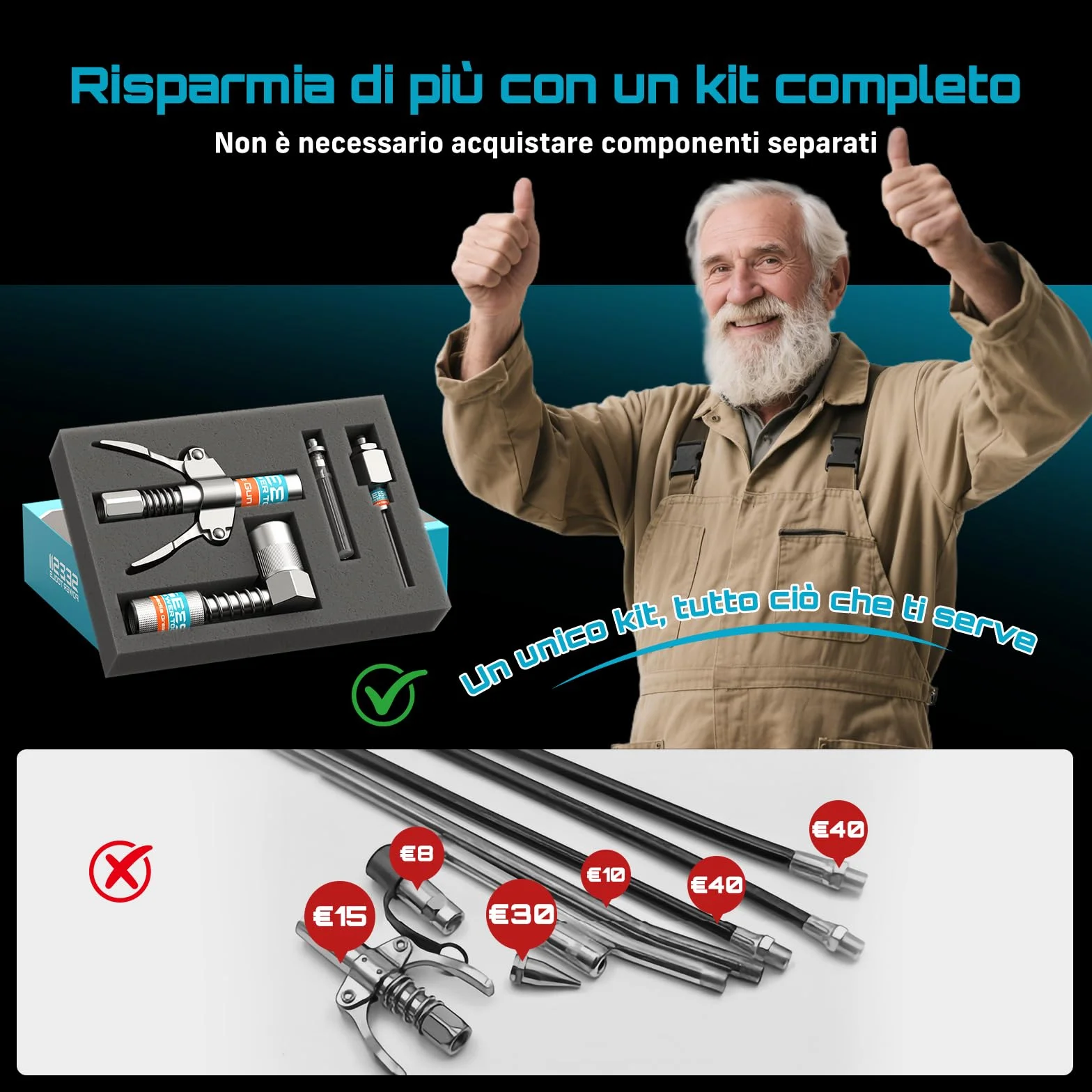 Seesii Kit di Accessori per Ingrassatore GR04P, Testina Professionale, Adattatore 90°, Tubo Flessibile 30 cm, 2 Puntali