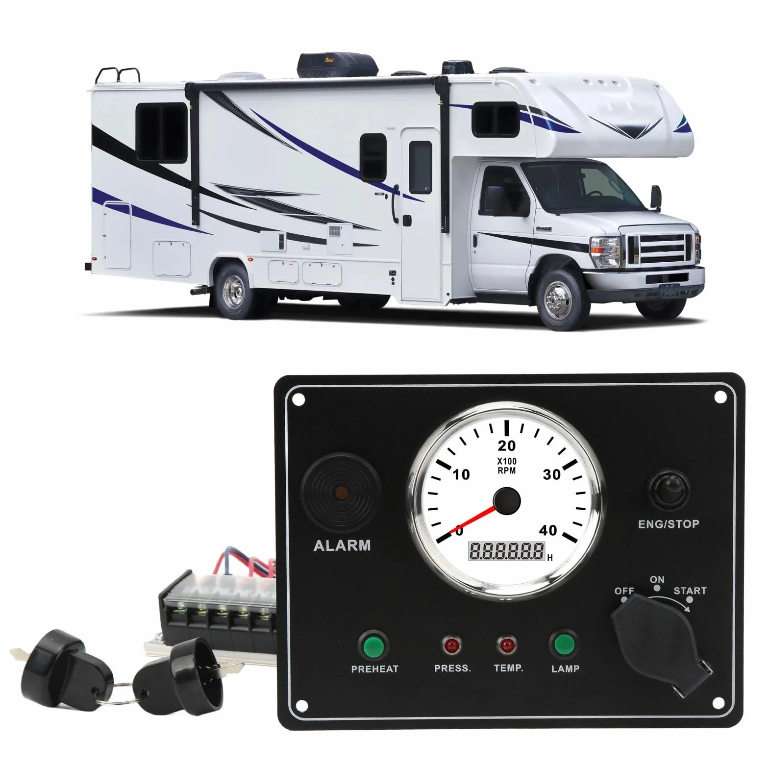 Quadro Strumenti per Barca Impermeabile IP67 con Contagiri - Multifunzione - 4000 Giri/min - Arresto Motori Accensione ON OFF - Allarme Temperatura acqua. (12V)