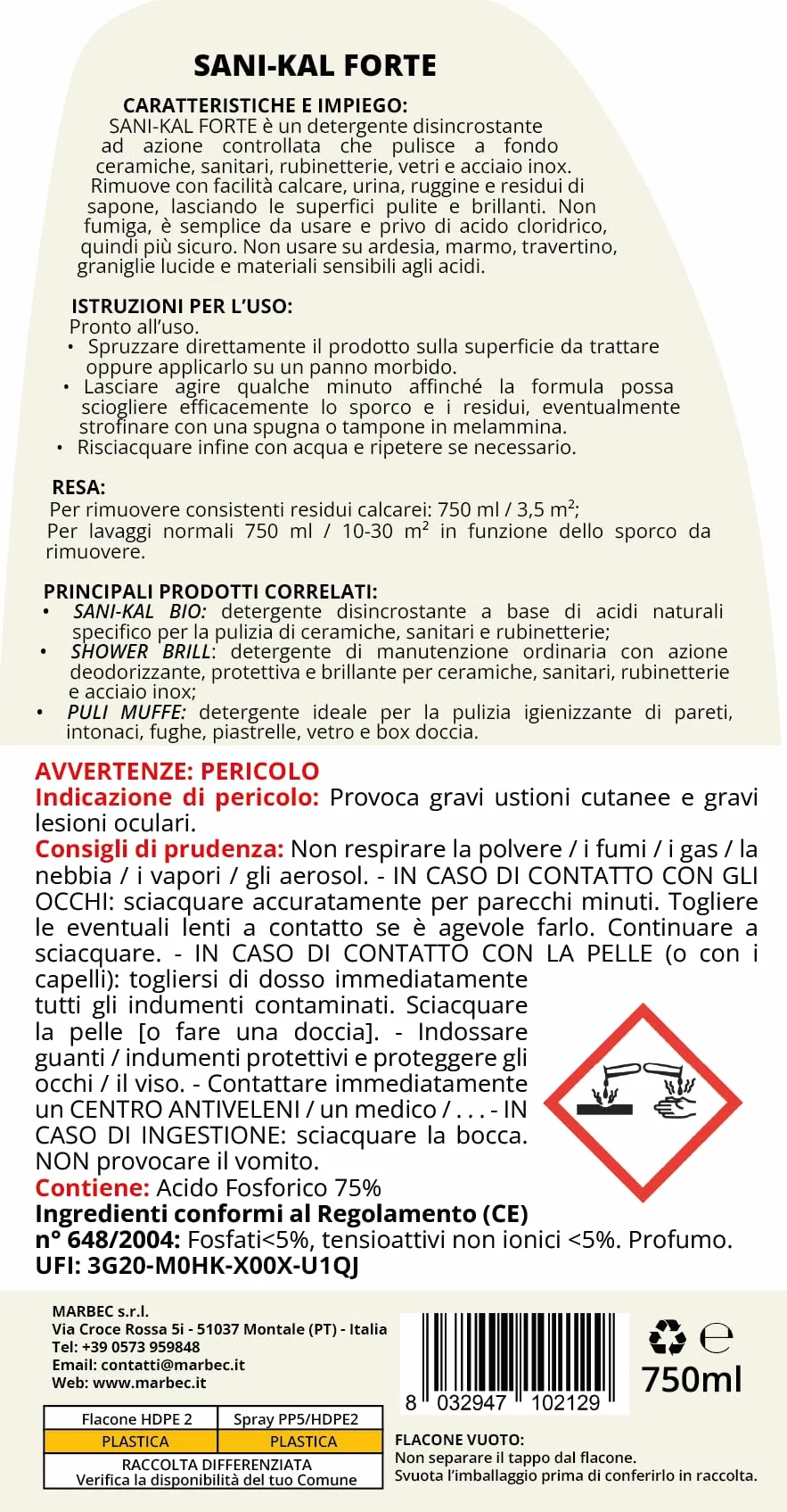 MARBEC SANI-KAL FORTE 750ML Detergente anticalcare forte per bagno