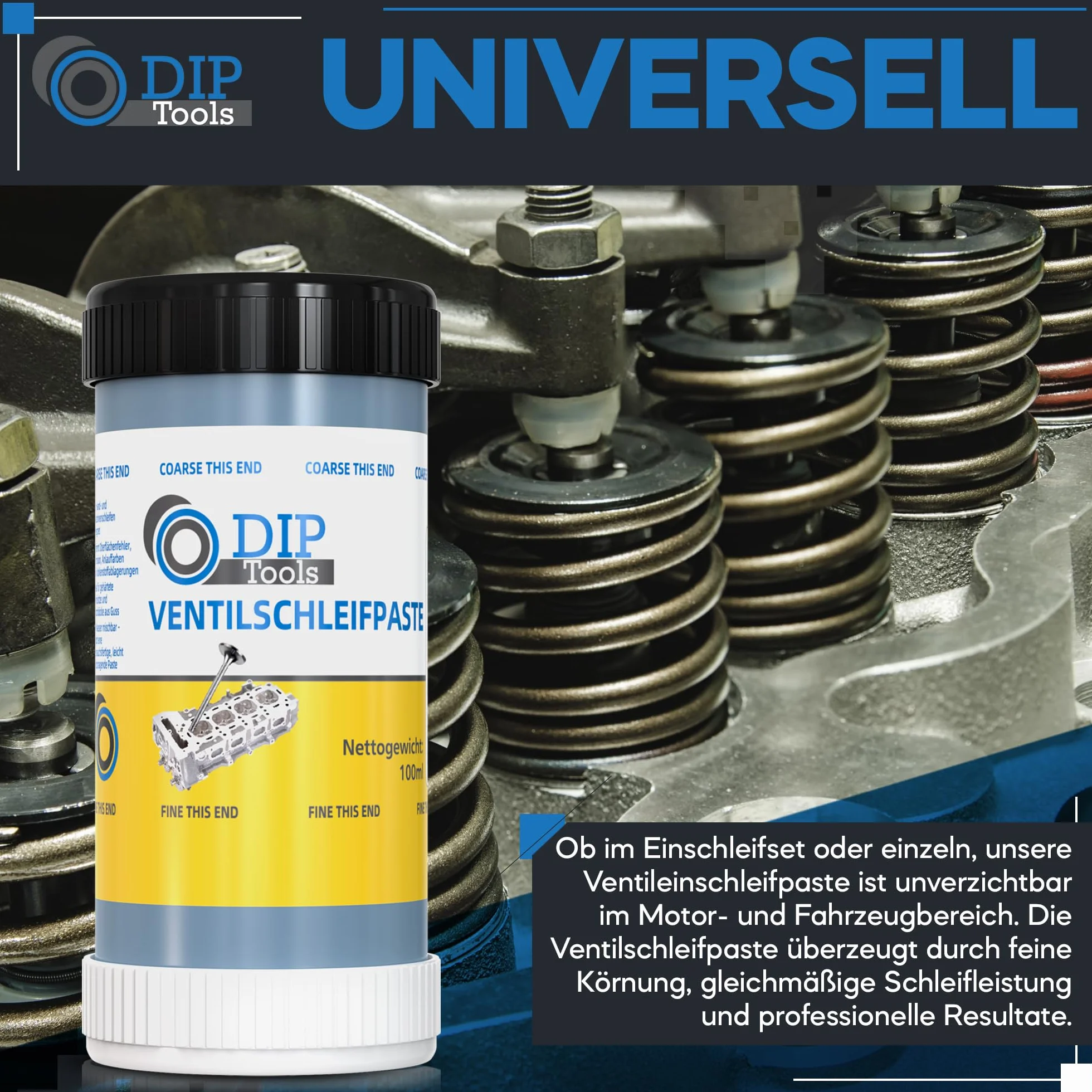 DIP-Tools pasta abrasivo per valvole, 100 ml, set monoabrasivo per auto, moto, motore, officina