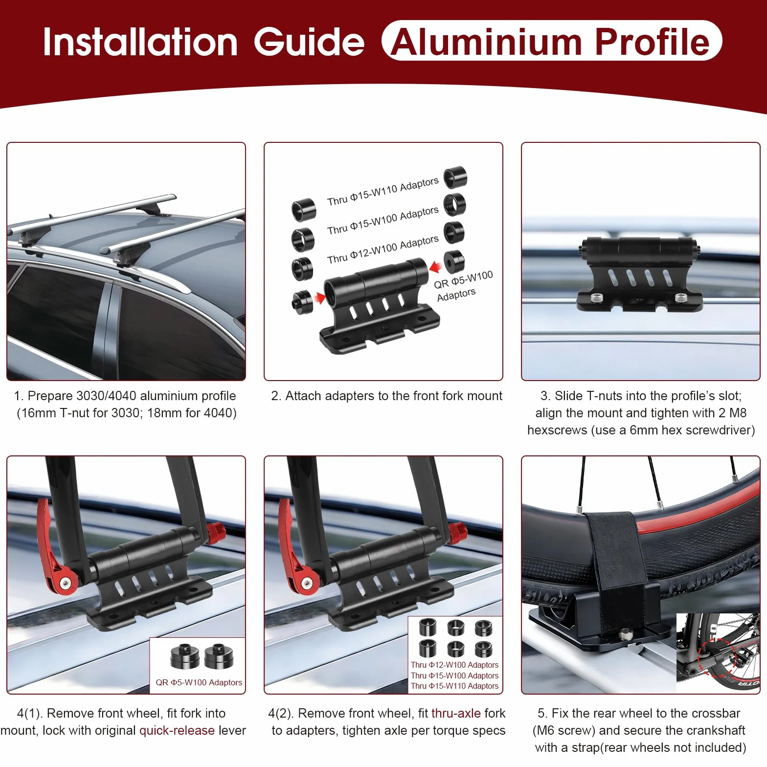 2 pezzi supporto forcella in lega di alluminio – Portabici auto – Compatibile con fissaggio rapido e perno passante Ø5/12/15x100mm, Ø15x110mm