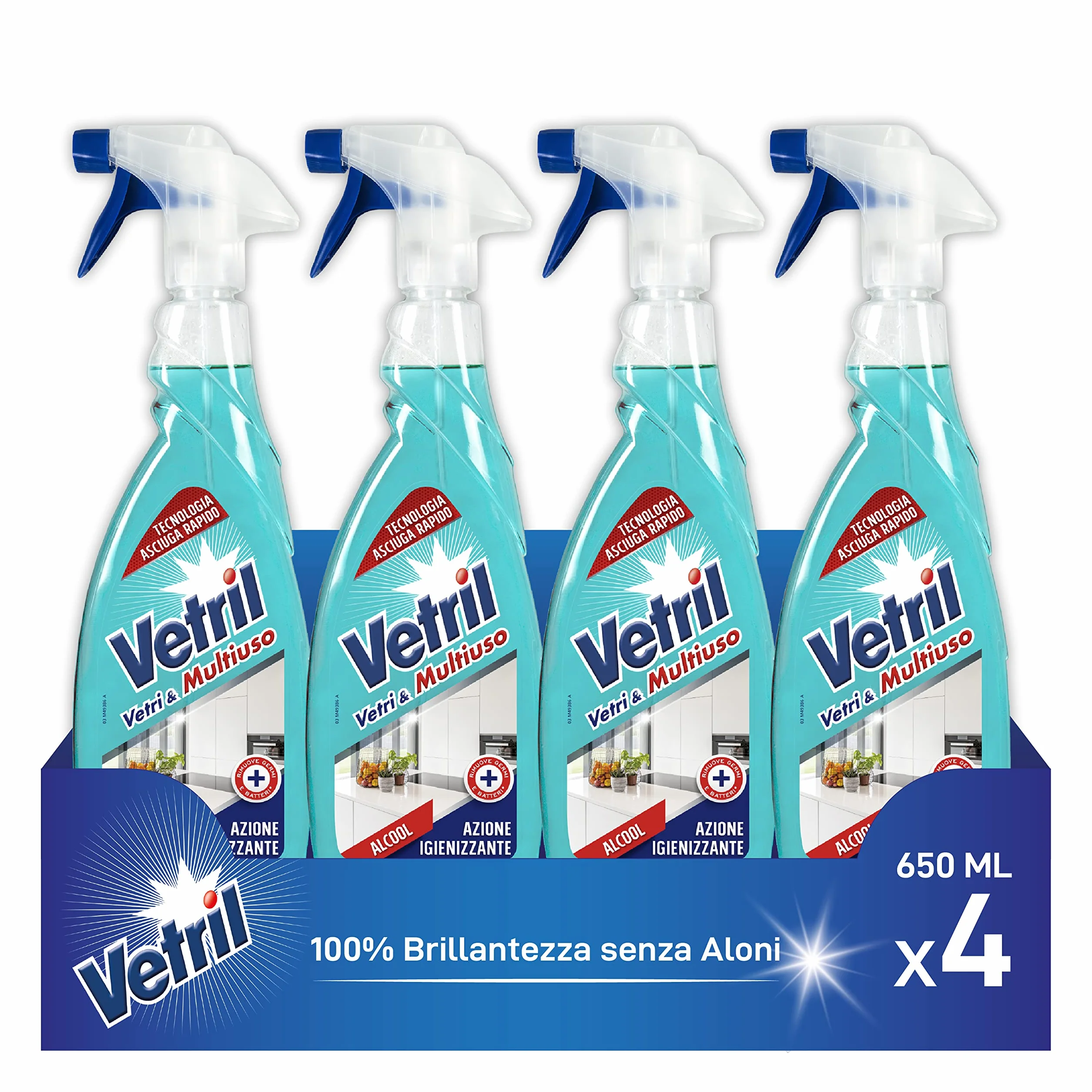 Vetril Spray Igienizzante Vetri e Superfici 650 ml x 4 Contro Batteri e Cattivi Odori