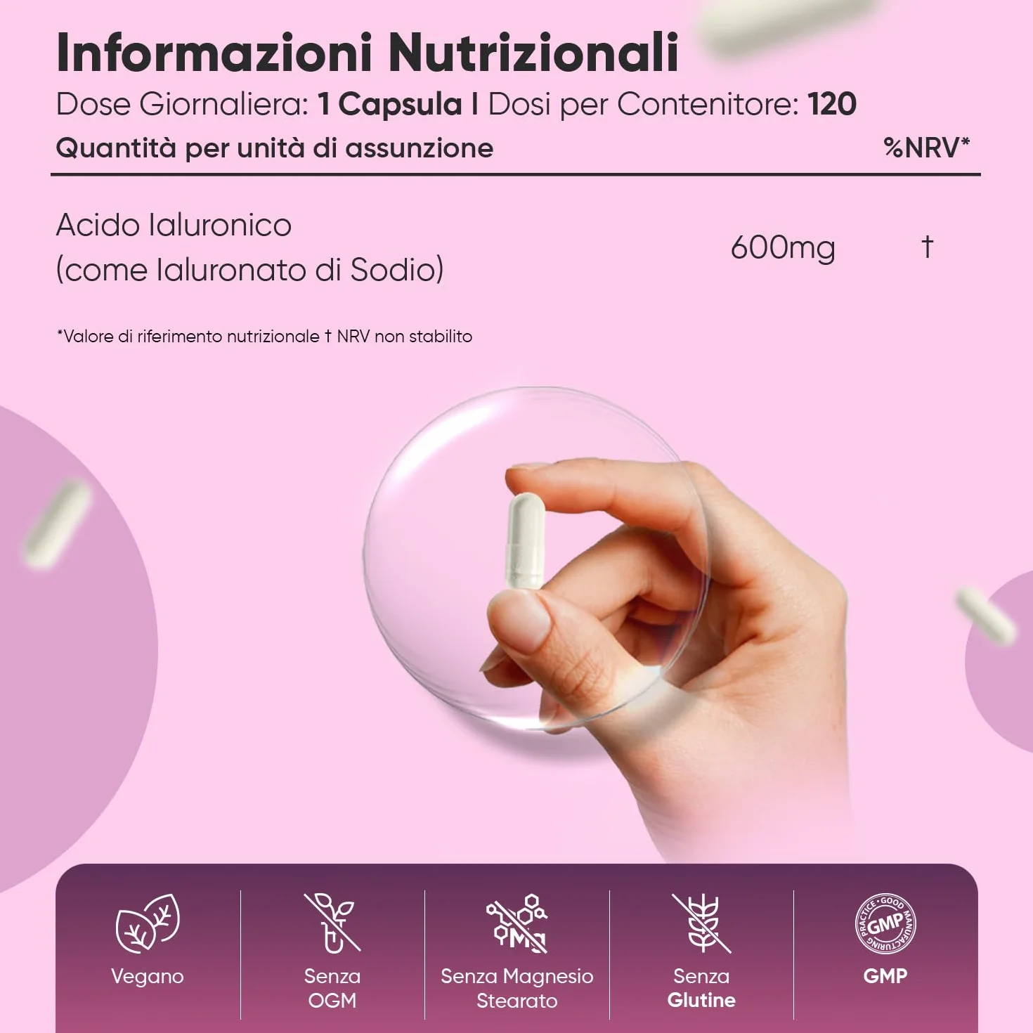 Acido Ialuronico Vegano 600mg 120 Capsule Integratore Sodio Ialuronato 500-700 kDa