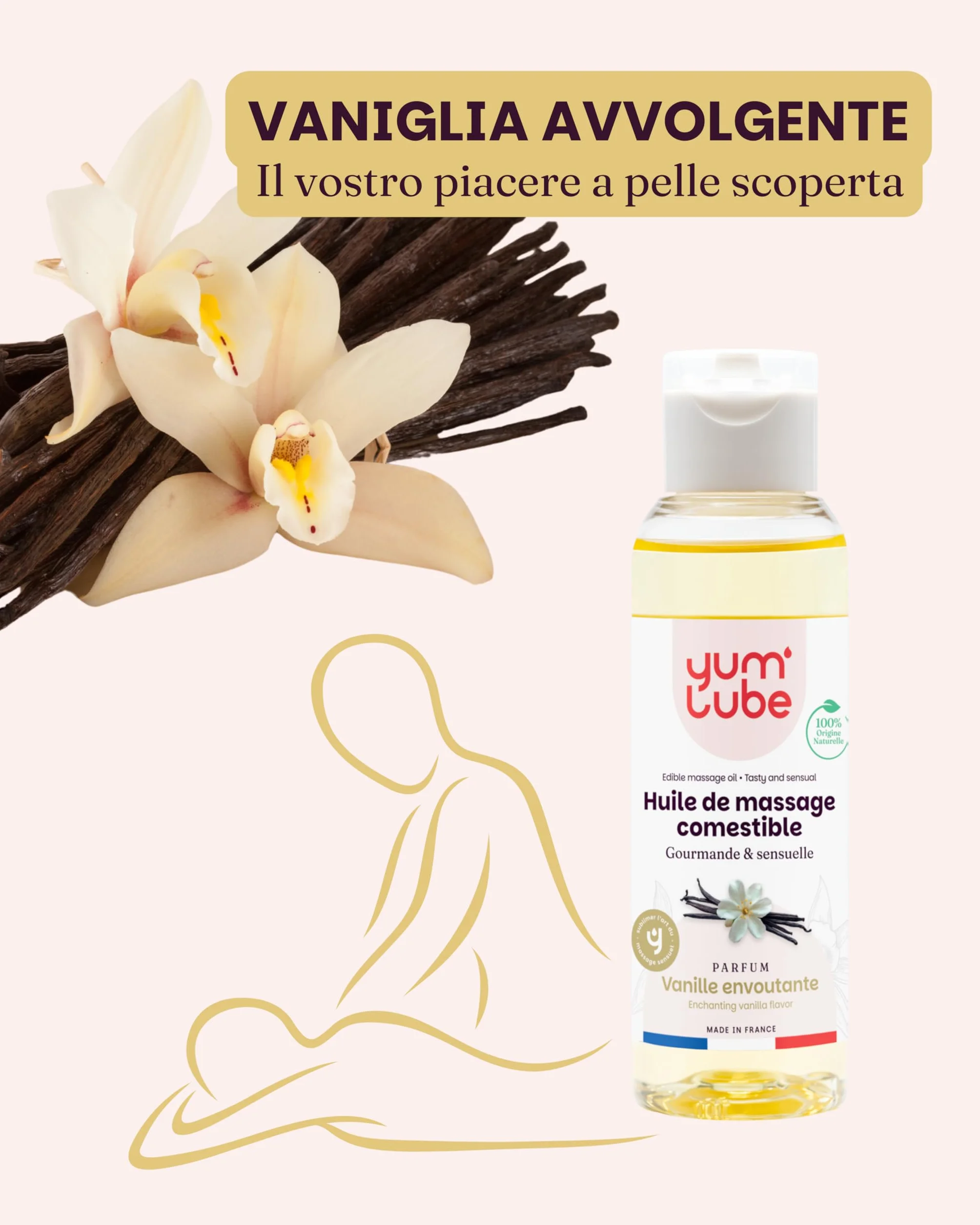Yum'Lube Olio Massaggio Sensuale Lubrificante Vaniglia Naturale Bio Comestibile Made In France