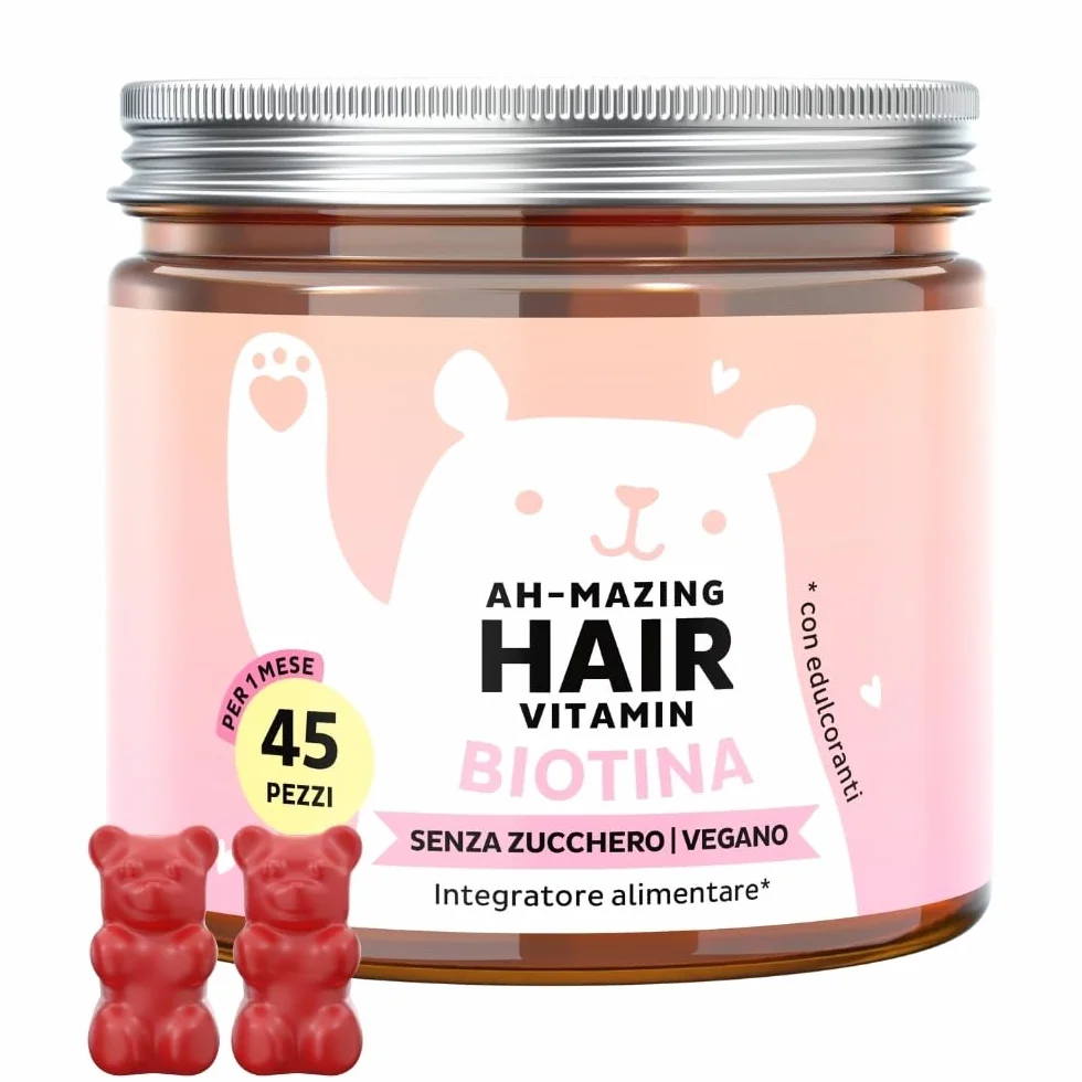 Caramelle Gommose Biotina Ah-mazing Hair – Vitamine per Capelli, Pelle e Unghie – 5000µg Biotina, Zinco, Vitamine B6, B9, C, E – 45 Pezzi, Vegane, Senza Zucchero