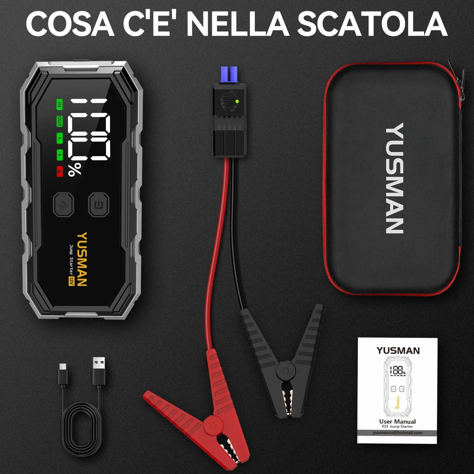 YUSMAN Avviatore Batteria Auto 9000A, 12V Booster Avviamento Portatile per Auto fino a 10.0L, Jump Starter con Cavi Intelligenti, Power Bank USB-C