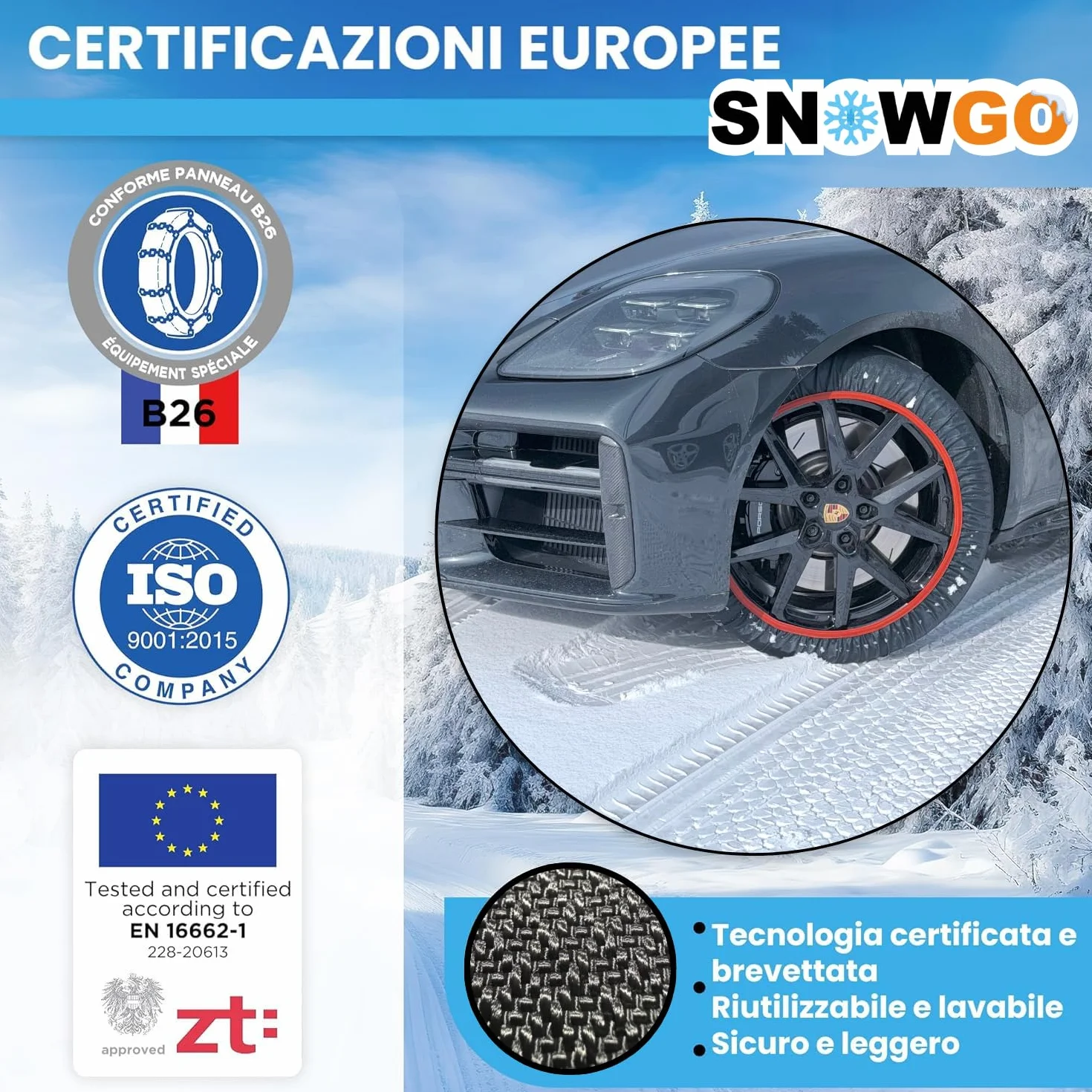 SNOWGO - Set di 2 calze da neve in tessuto - Taglie da M a XL - Omologate 16662-1 Europa - Compatibili con veicoli 4x4, veicoli elettrici, furgoni e veicoli commerciali <3,5T. (XL)