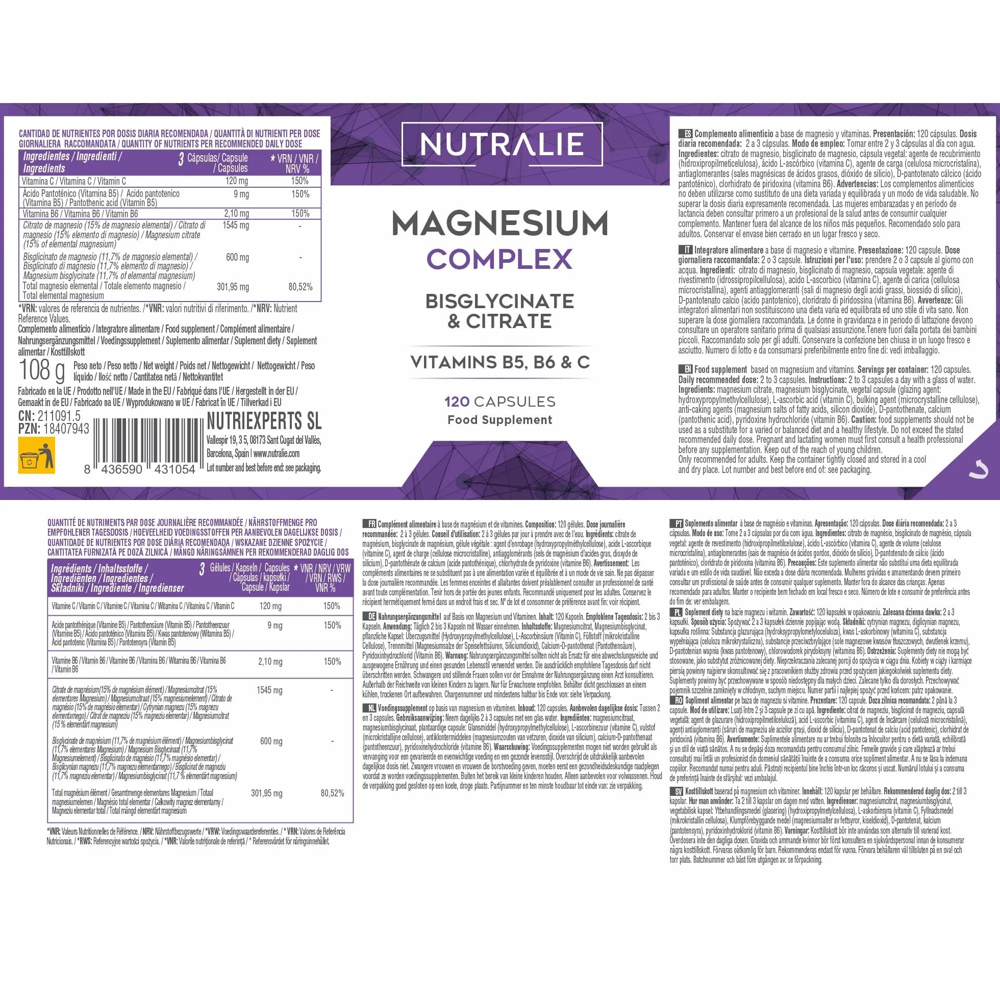 Magnesio Bisglicinato + Citrato 2145mg Vitamine B5 B6 C Stanchezza Fatica 120 Capsule Vegane Nutralie