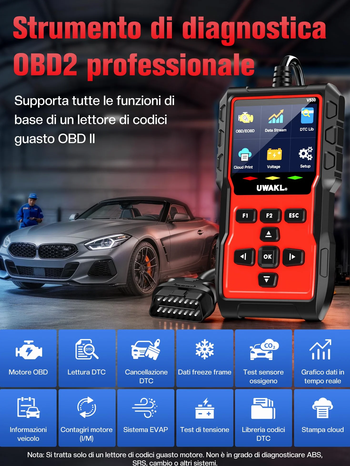 OBD2 Scanner EOBD Diagnosi Auto Professionale Multimarca Lettore Codici Errore OBDII Tester Batteria