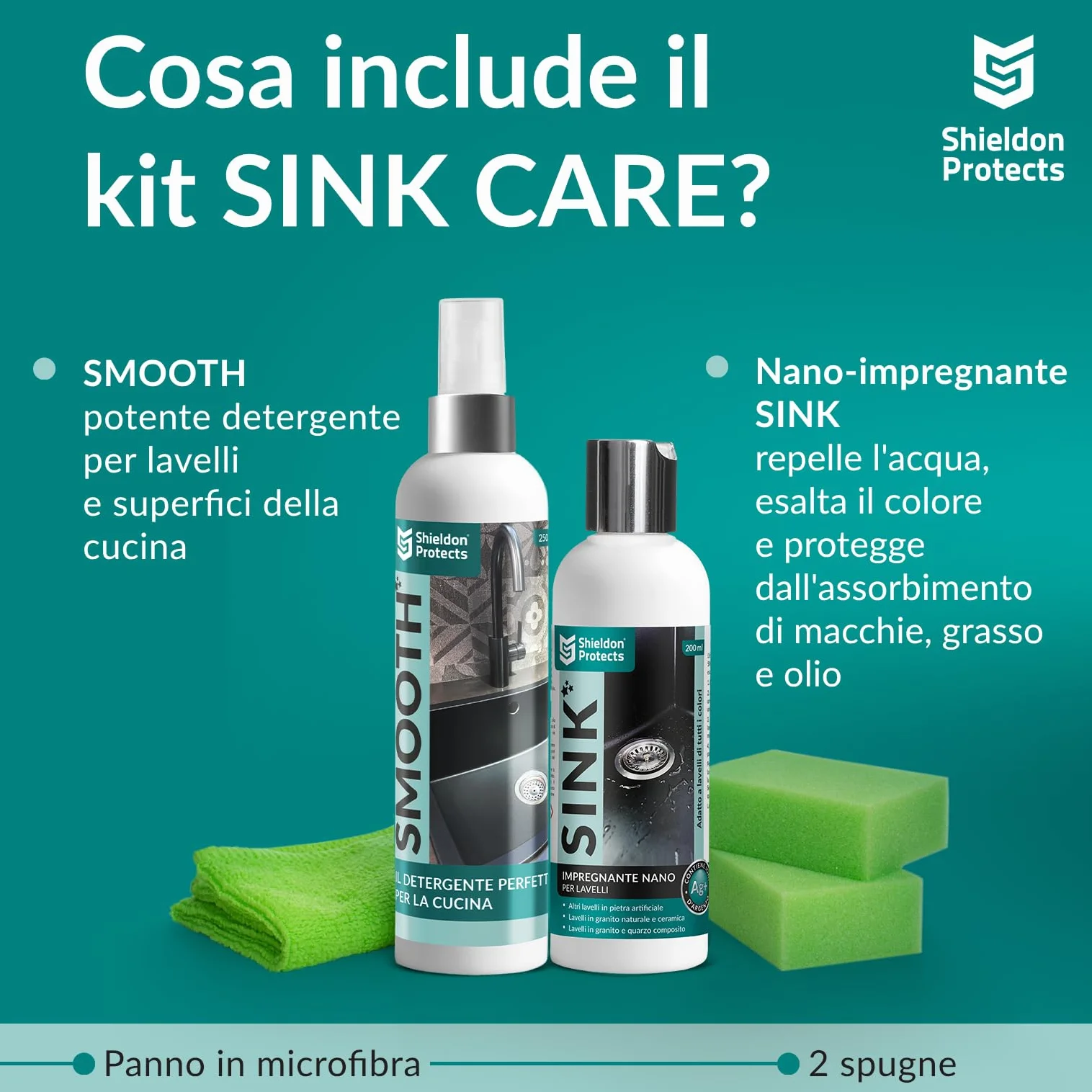 Shieldon Set di 2 Detergente e Impregnante per Lavello in Granito 250ml 200ml Protezione e Cura Nero
