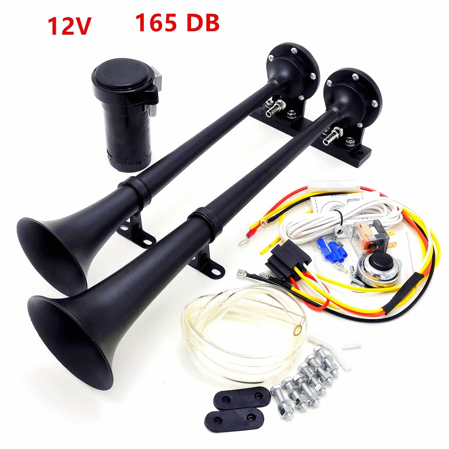 Tromba ad aria Tromba per camion nero 165DB Clacson per nave Tromba elettrica 45cm Tromba tono alto e tono basso Tromba a doppio tubo Zinco cromato Compressore per 12V barca auto yacht RV ecc