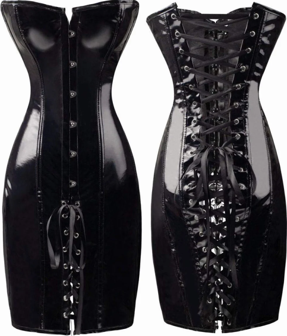 Abito da Sera Aderente in Pelle Lucida Sexy Gotica con Spalle Scoperte Corsetto in PVC Lattice per Feste