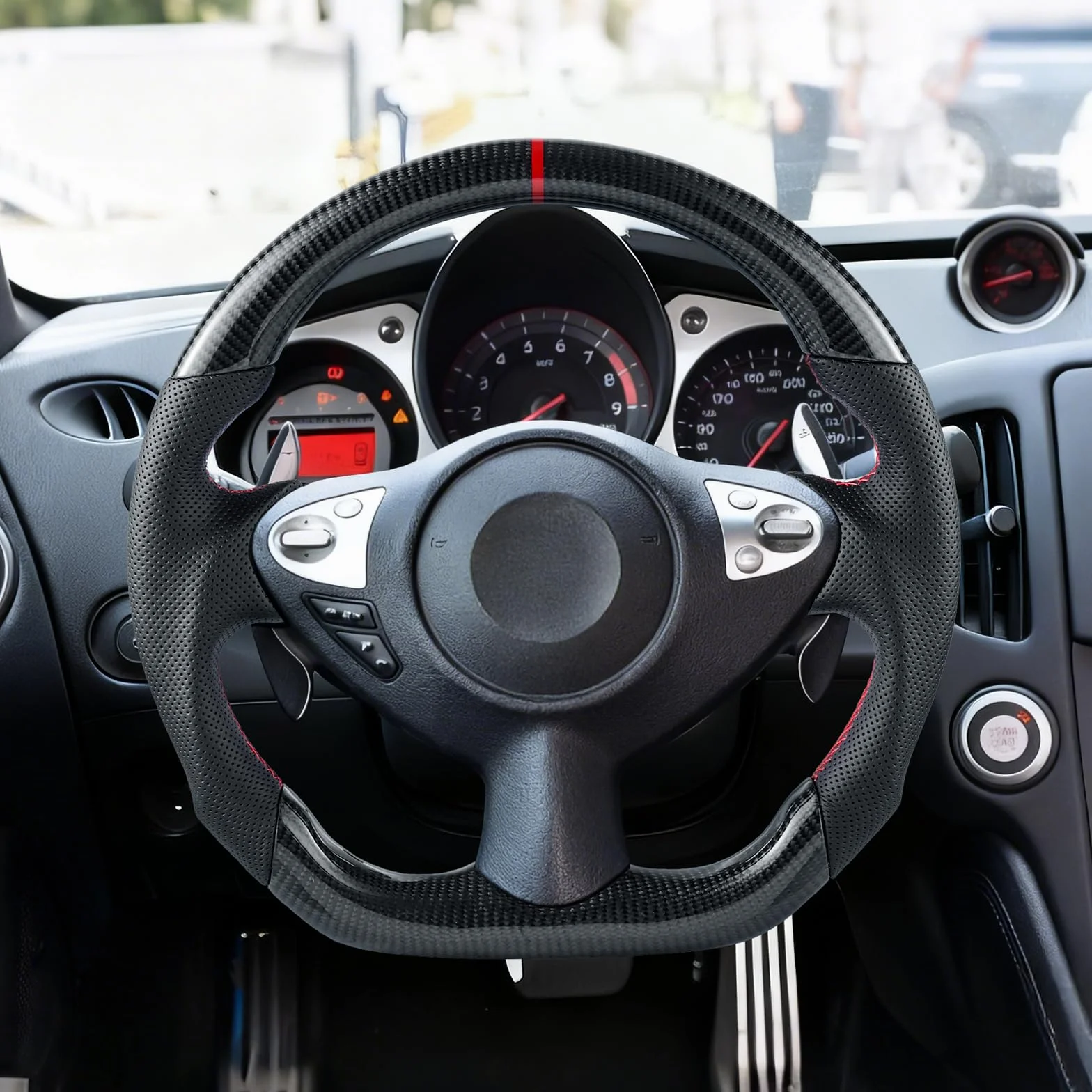 VEVOR Volante per Nissan 370Z 2008-2020, Volante in Fibra di Carbonio a Forma di D con Fondo Piatto, Impugnatura in Pelle con Trama Antiscivolo e Cuciture Precise, Accessori di Ricambio
