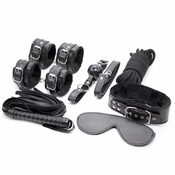 BONDAGERIE Kit 8 Accessori nero manette cavigliere frusta corda collare ecopelle sacco raso