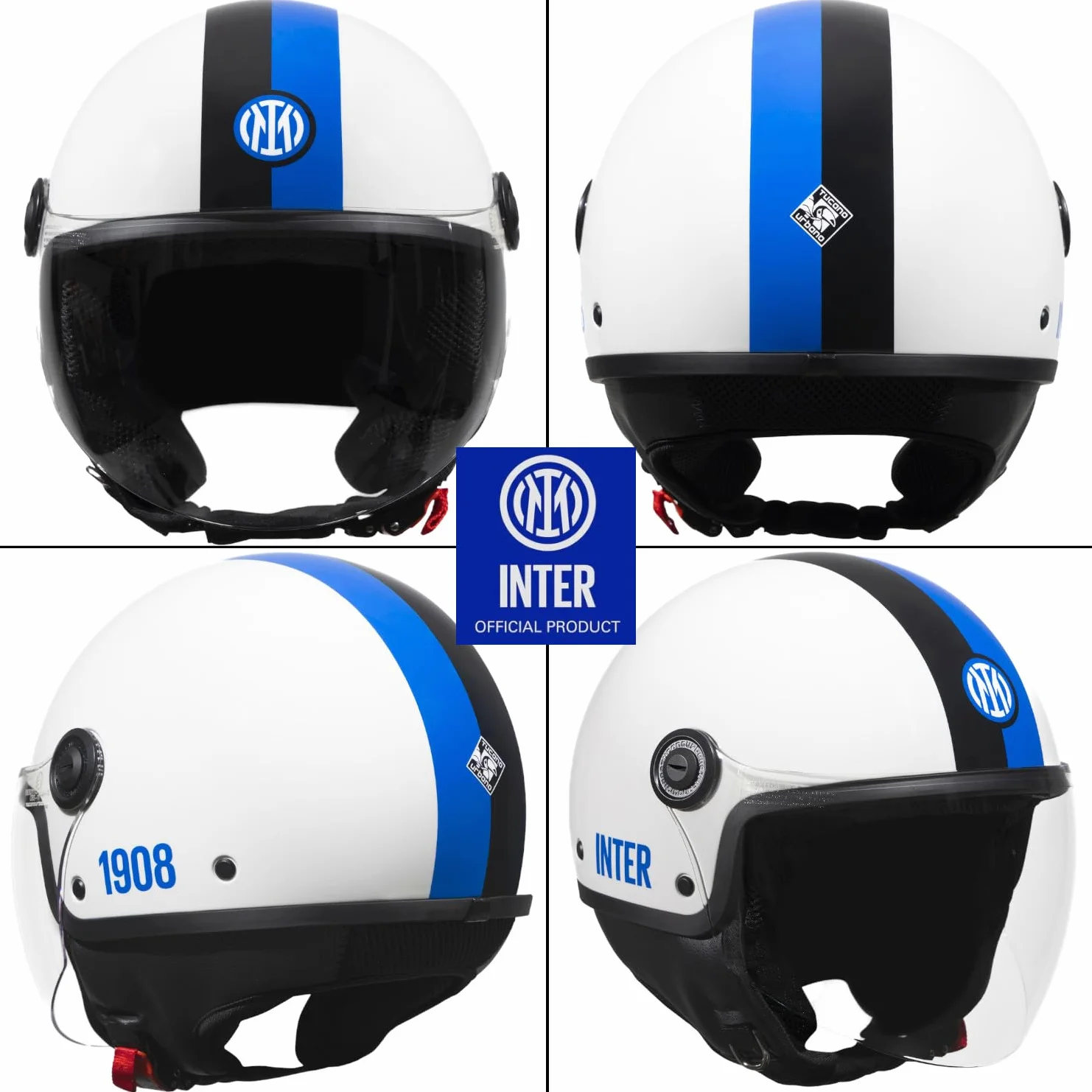 Tucano Urbano casco demi jet unisex EL'JETTIN INTER. Casco moto in policarbonato con grafica originale Inter FC. Casco estate inverno omologato ECE 22.06. Prodotto con Licenza Ufficiale.