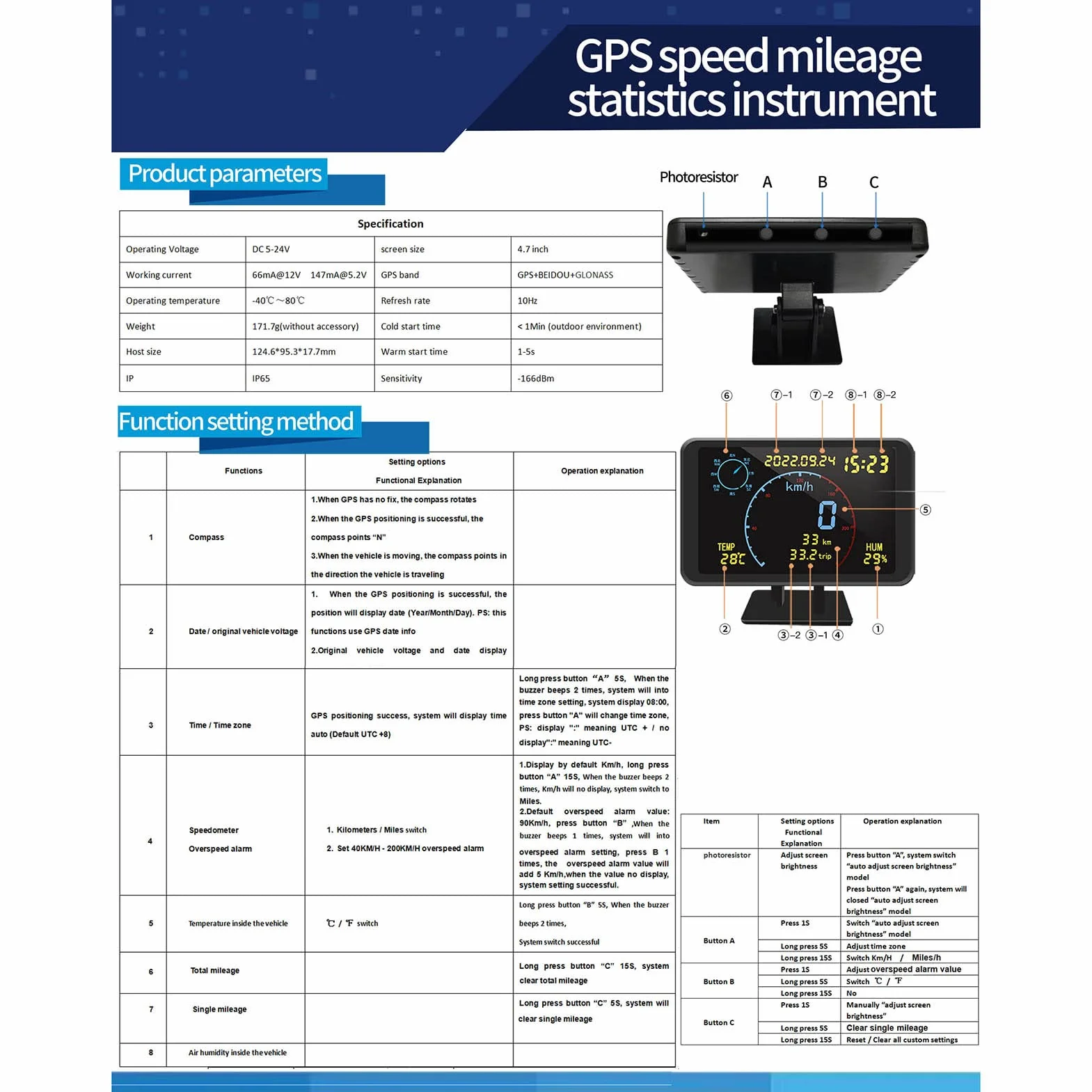 Contachilometri GPS digitale Contachilometri Display LCD da 4,7 pollici Display HUD con allarme di velocità eccessiva per tutti i veicoli 5-24V