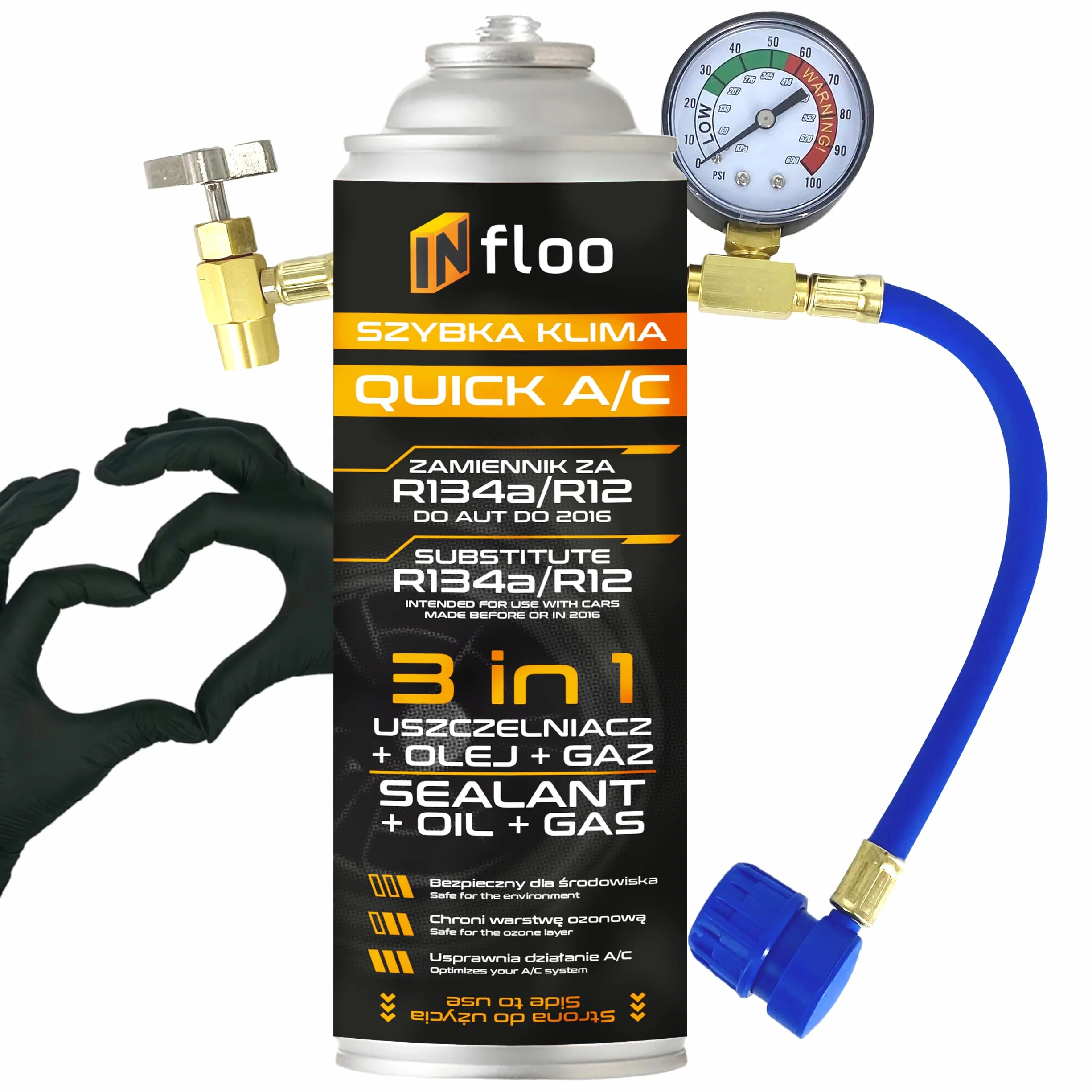 Quick A/C 3in1 R134a Refrigerant 205g Cavo Manometro Guanti Auto do 2016