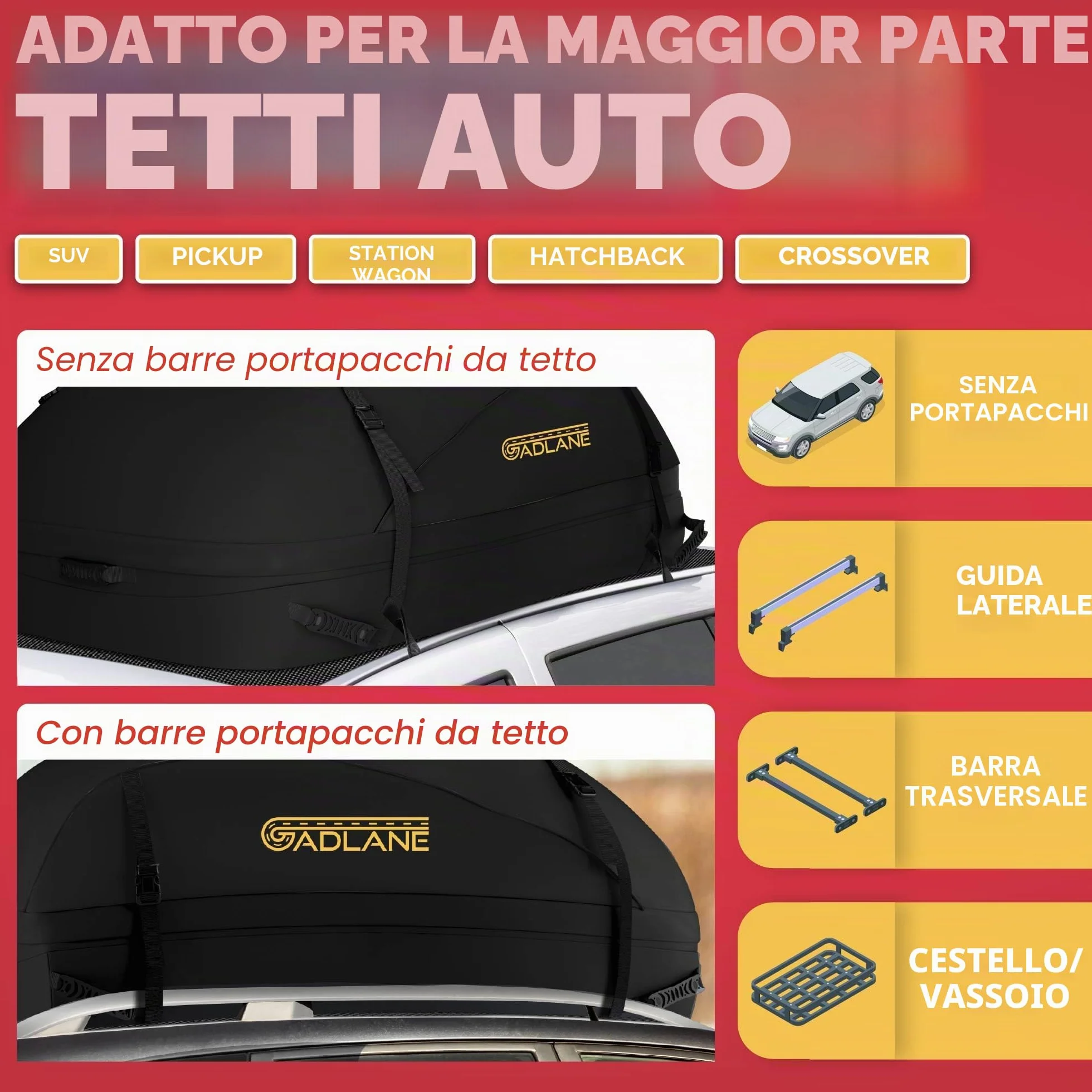GADLANE Borsa da tetto per auto 400L impermeabile 4 cinghie robuste tappetino antiscivolo Nero