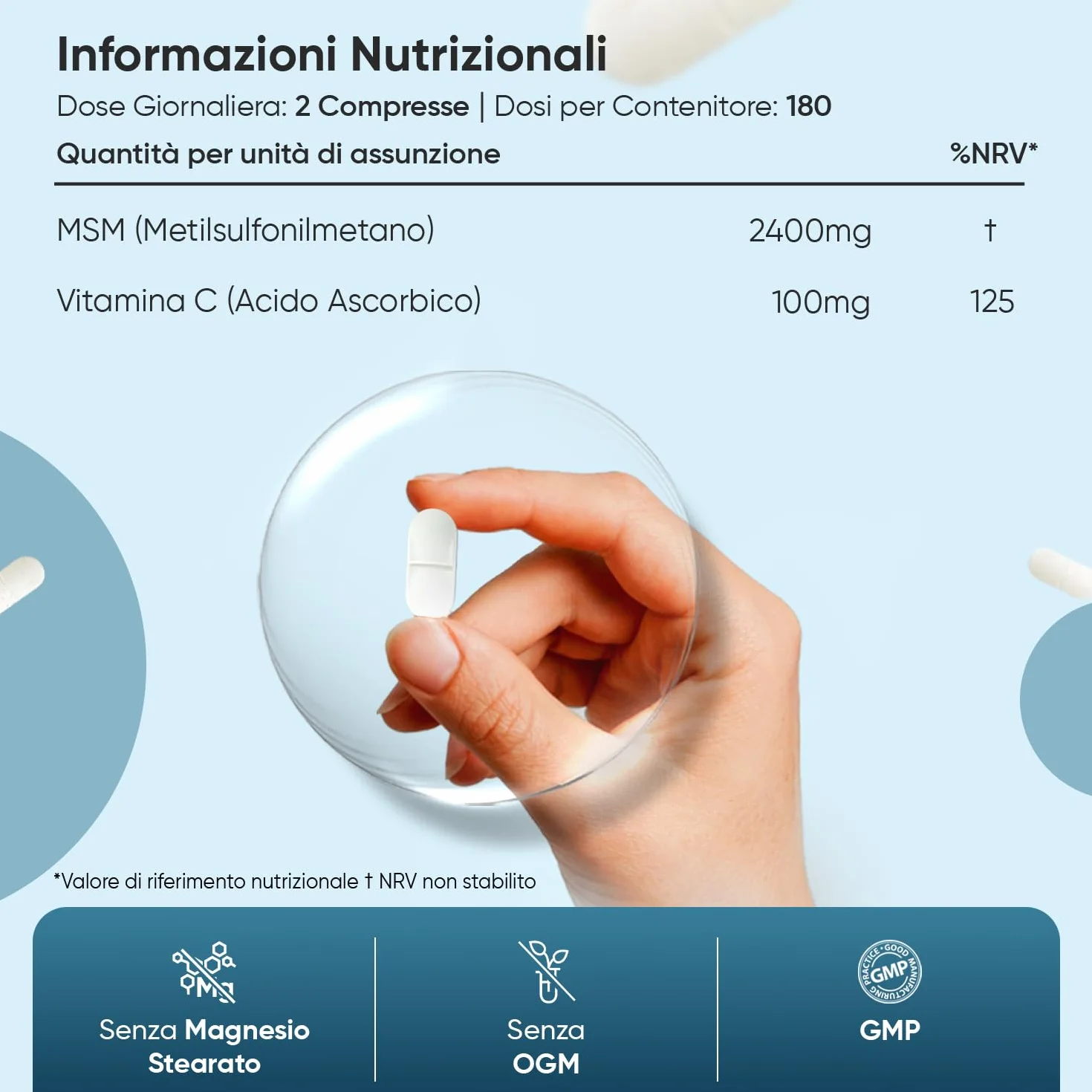 MSM Integratore 2500mg 360 Compresse Vitamina C Metilsulfonilmetano Vegano Senza Glutine