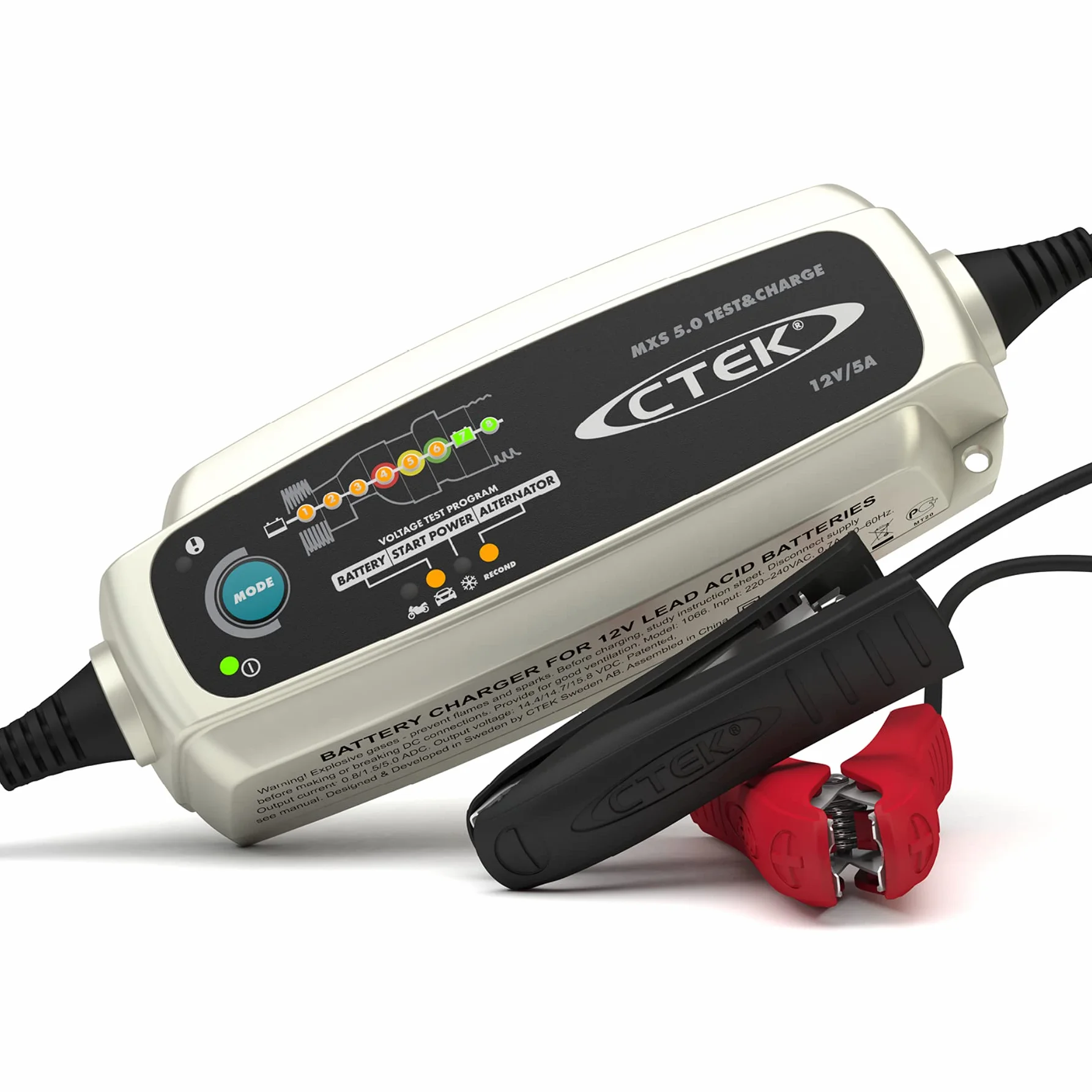 CTEK MXS 5.0 TEST & CHARGE Caricabatterie 12V 5A, Mantenitore Di Carica Per Batteria Auto, Caricabatterie Auto E Camion, Tester Dell'Alternatore Con Modalità Di Ricondizionamento