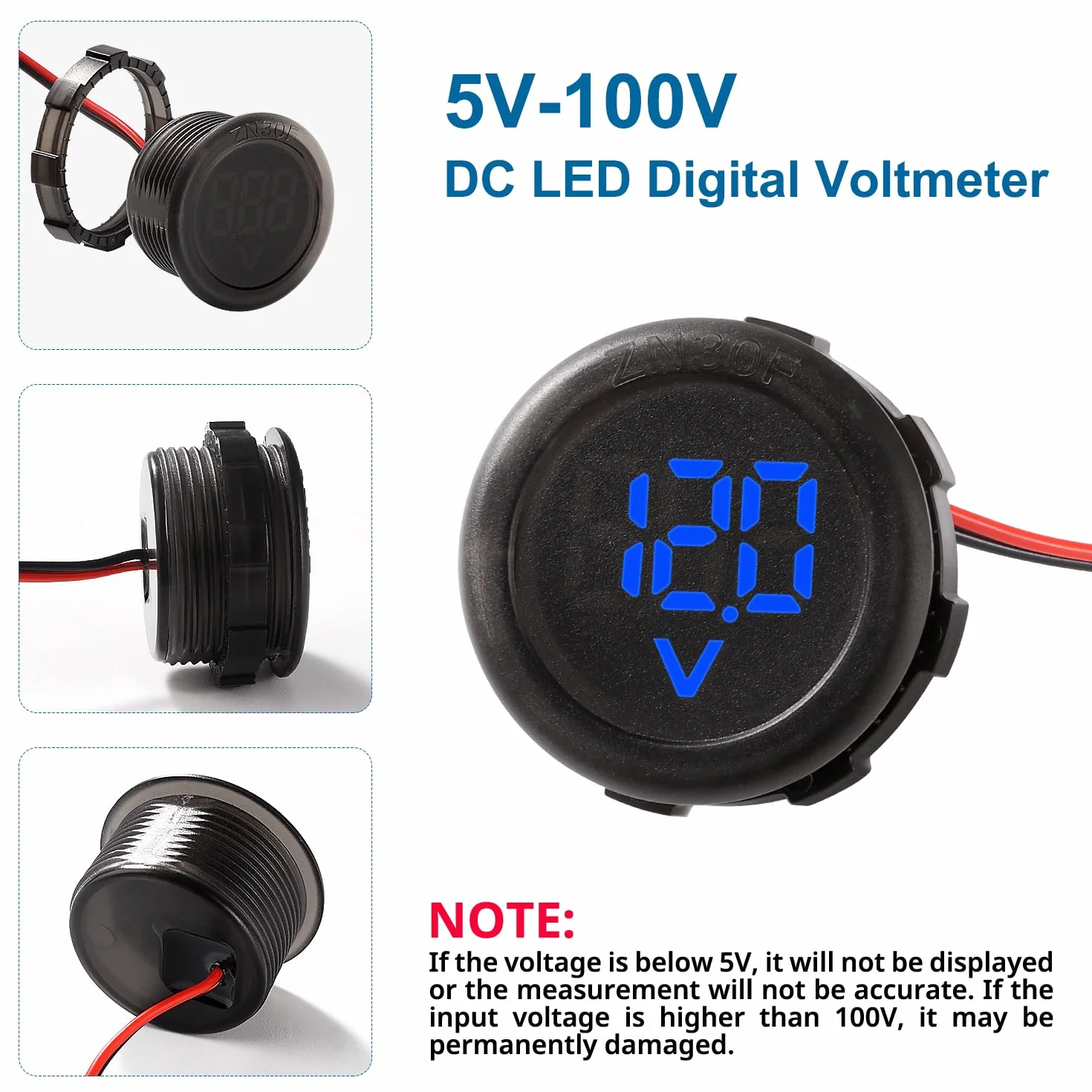 Voltmetro Impermeabile DC Digitale 5V-100V LED Display a Due Fili, per Auto Moto Barca Camper