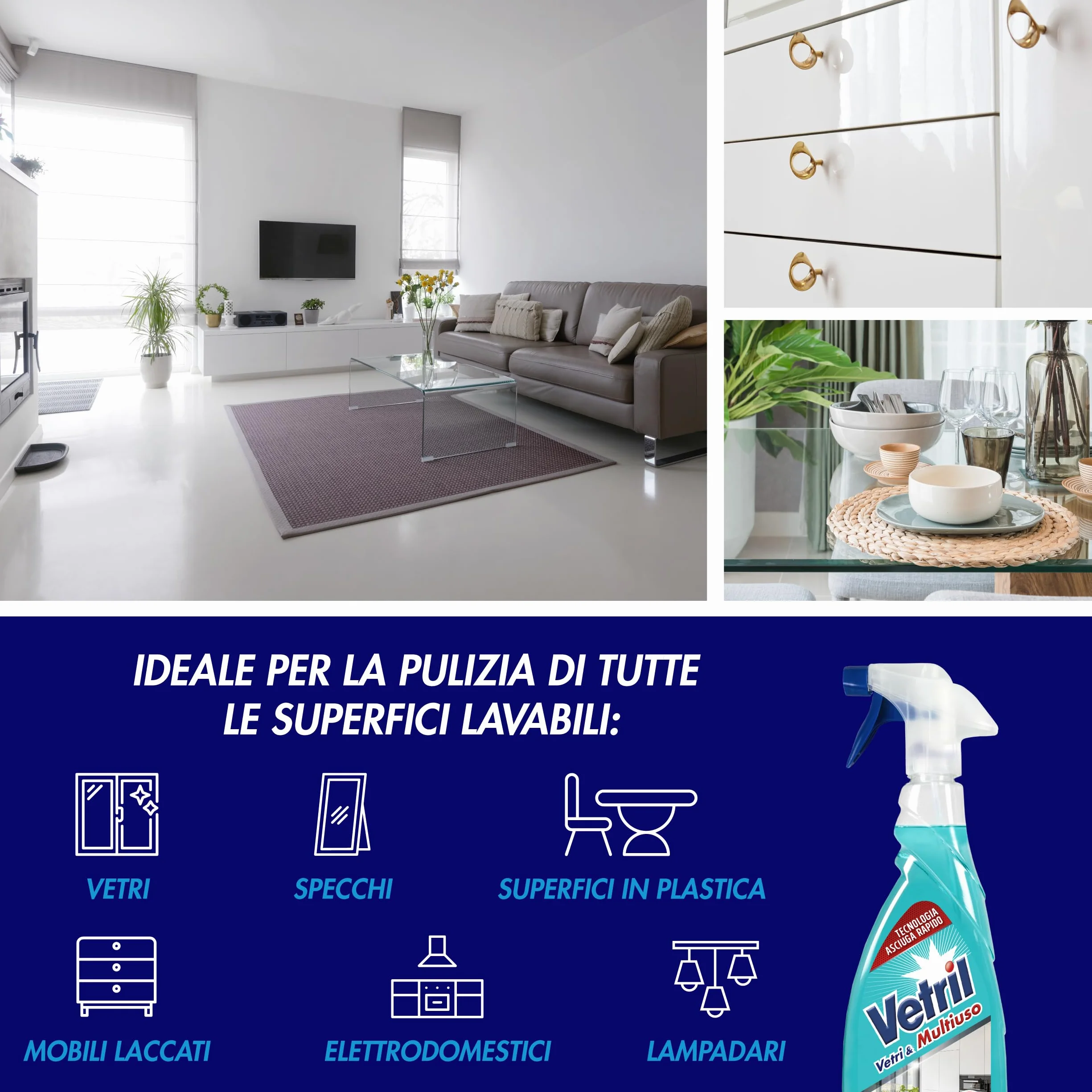 Vetril Spray Igienizzante Vetri e Superfici 650 ml x 4 Contro Batteri e Cattivi Odori