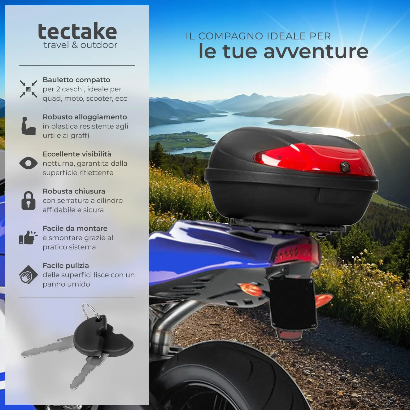 Tectake Bauletto Moto 48 Litri Top Case Universale Valigia Posteriore 2 Caschi Serratura