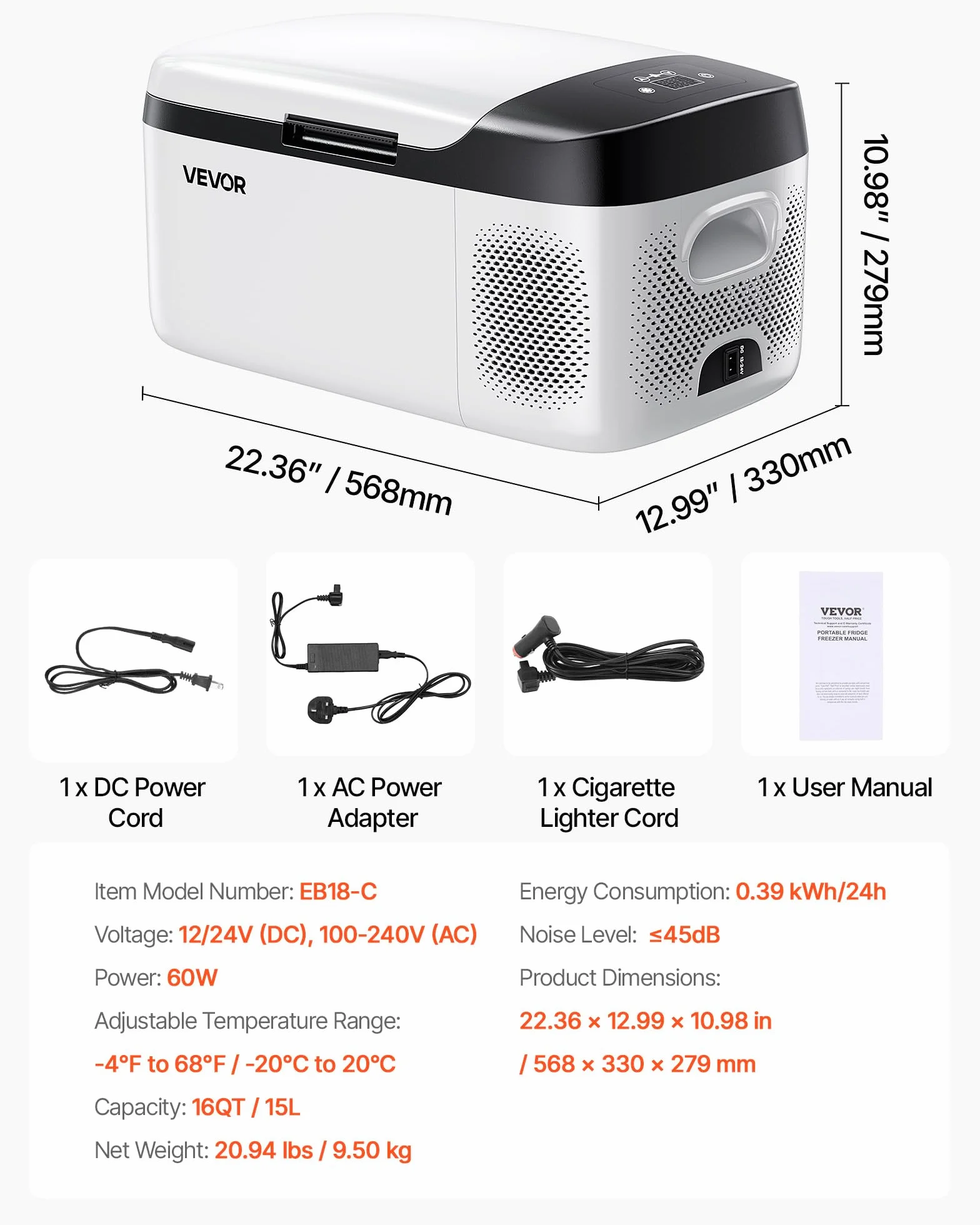 VEVOR Frigorifero Elettrico Portatile 15 L, Mini Compressore 12 V 24 V, Freddo e Caldo, Controllo App, per Camper Camion Barca