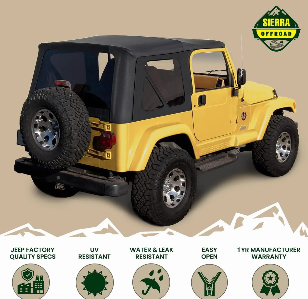Sierra Offroad Soft Top for 1997-2006 Jeep Wrangler TJ Black Sailcloth Vinyl 2 Door with Rear Tinted Windows Factory Fit Replacement