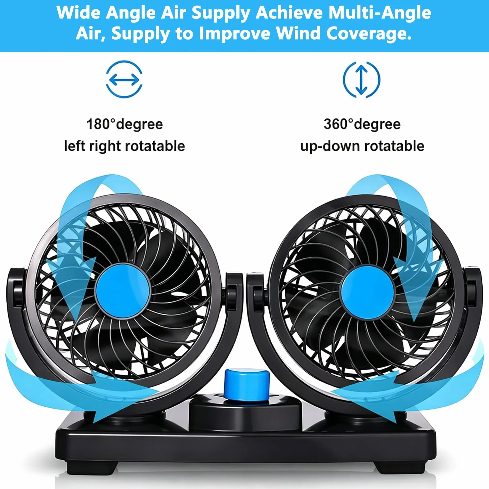 Ventilatore Auto 12V Doppia Testa 4" 2 Velocità Rotazione 360° Silenzioso per Camion SUV Camper Barche