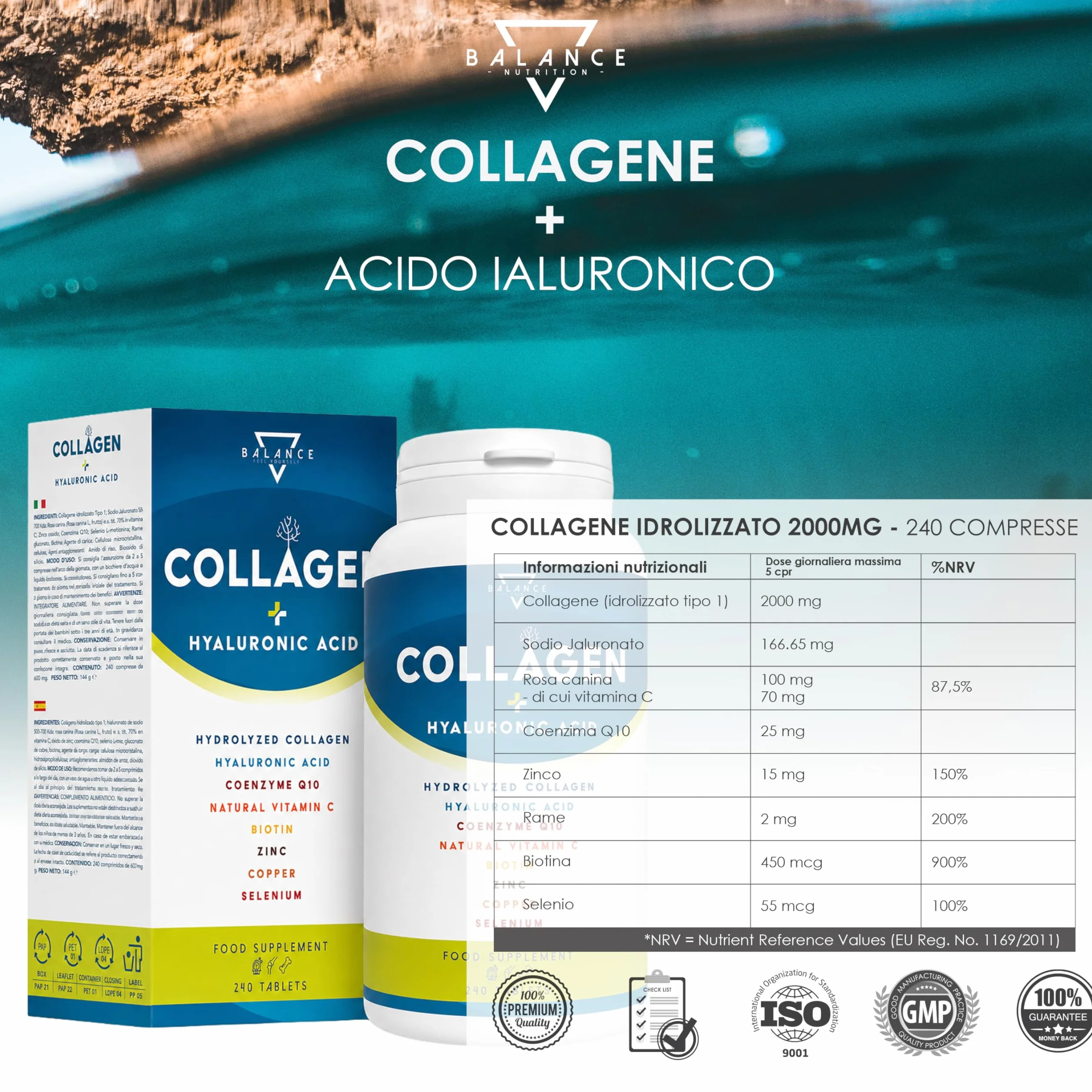 Collagene Idrolizzato 2000mg 240 Compresse con Acido Ialuronico, Coenzima Q10, Vitamina C, Biotina e Zinco