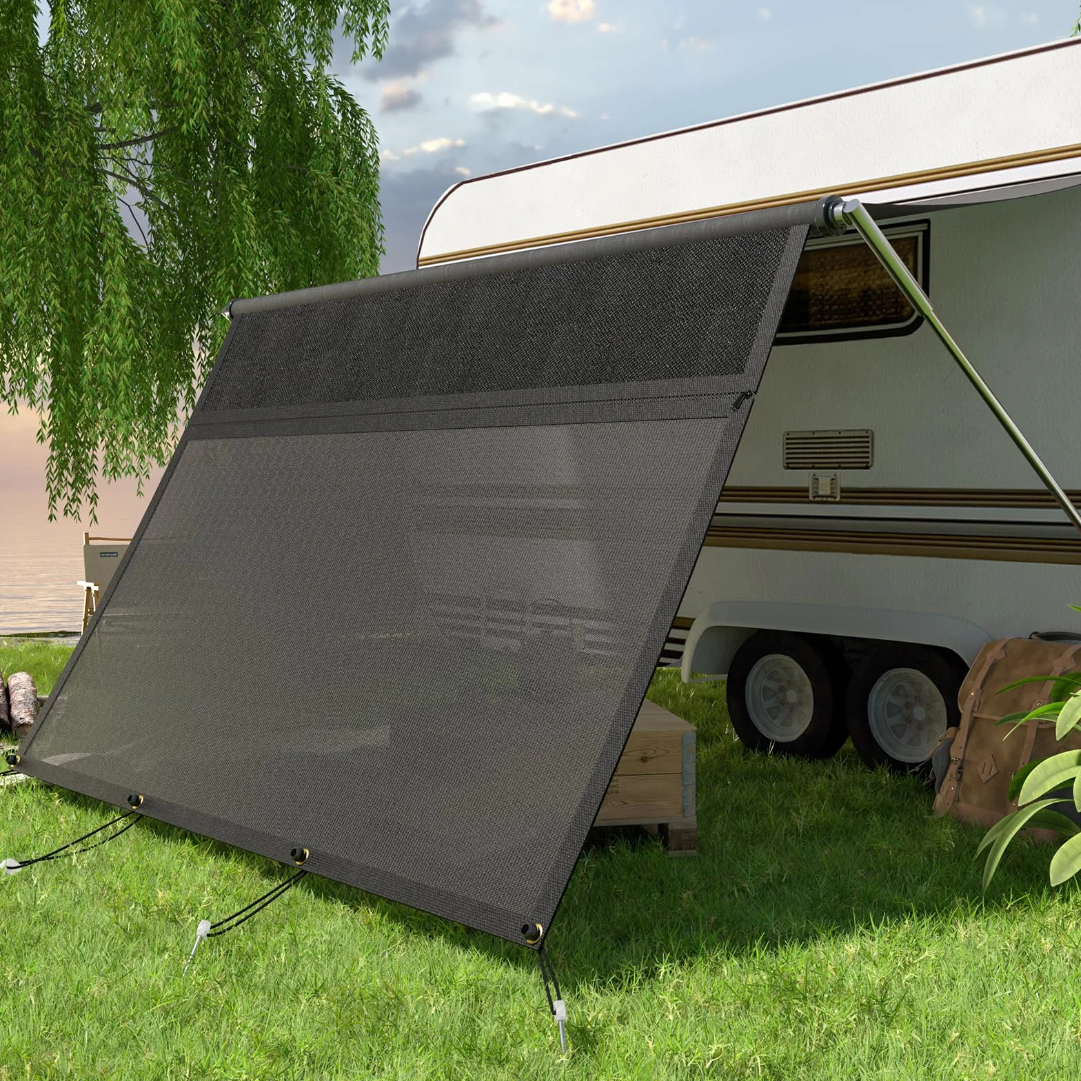 Tenda da sole per camper, con chiusura lampo, finestra panoramica regolabile (tessuto + rete), frangivista e protezione solare universale, con kit completo, altezza 2,2 m (larghezza 2,85 m)