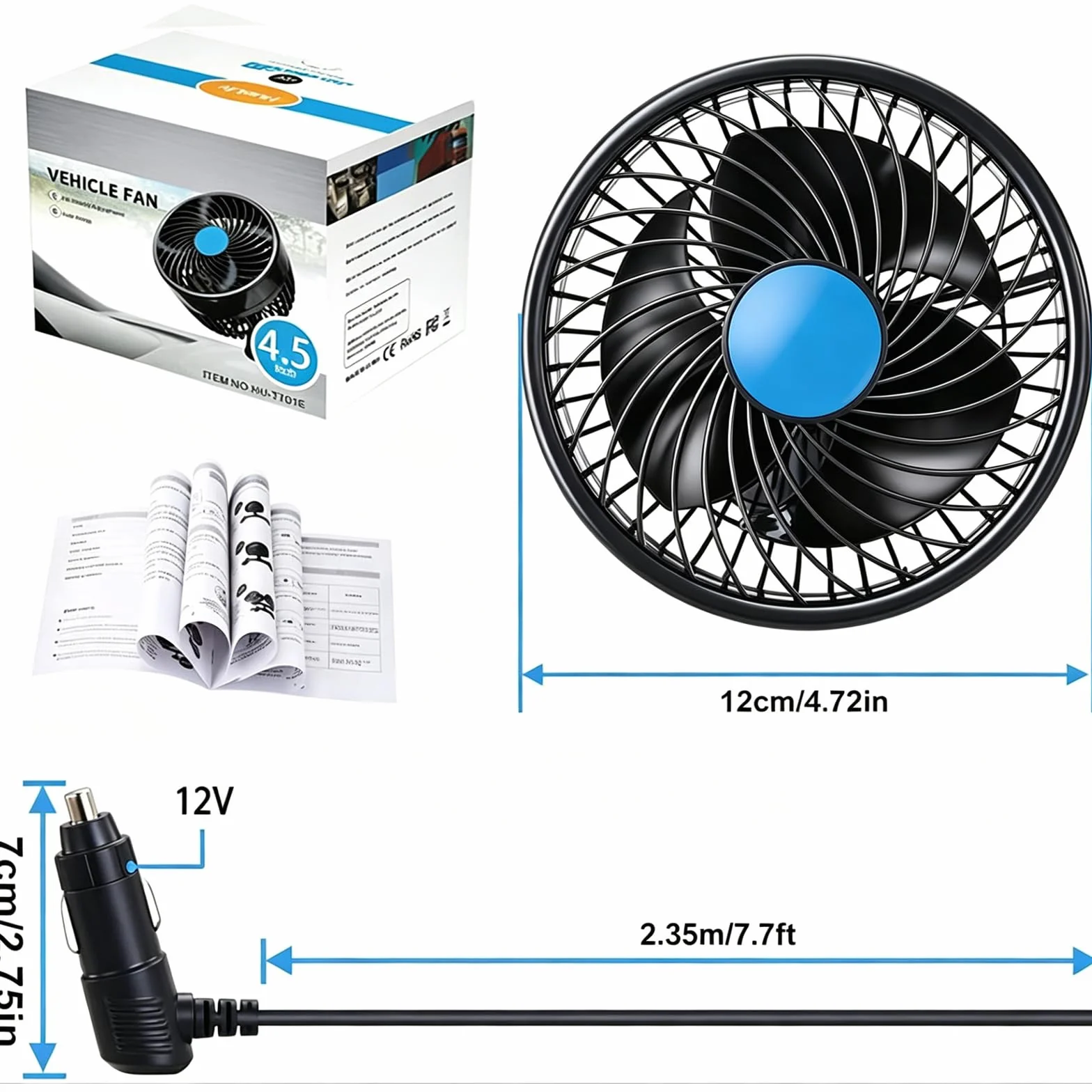 Ventilatore Auto 12V 4.5" Ventola Elettrica Silenziosa Rotazione 360° Regolabile Velocità Continua per Camion Furgoni SUV